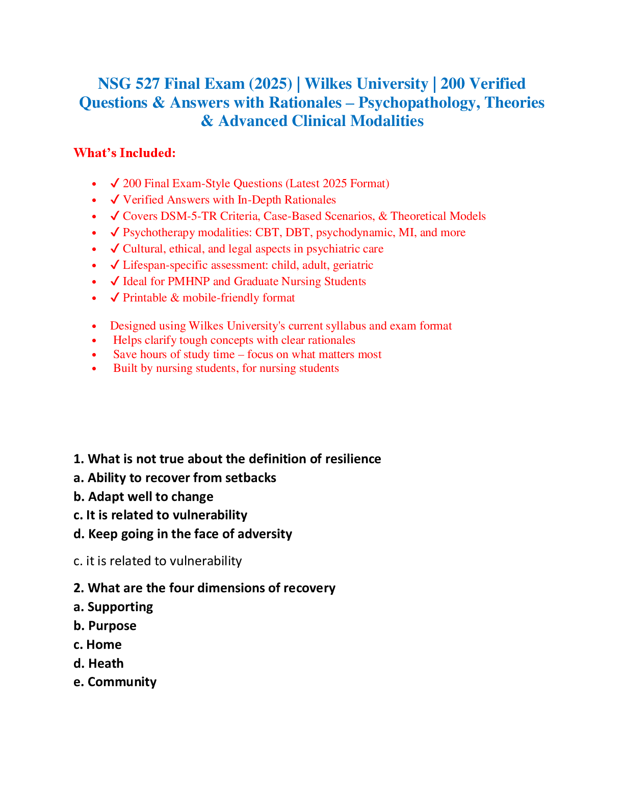 Preview image for NSG 527 Final Exam (2025) | Wilkes University | 200 Verified  Questions & Answers with Rationales – Psychopathology, Theories  & Advanced Clinical Modalities
