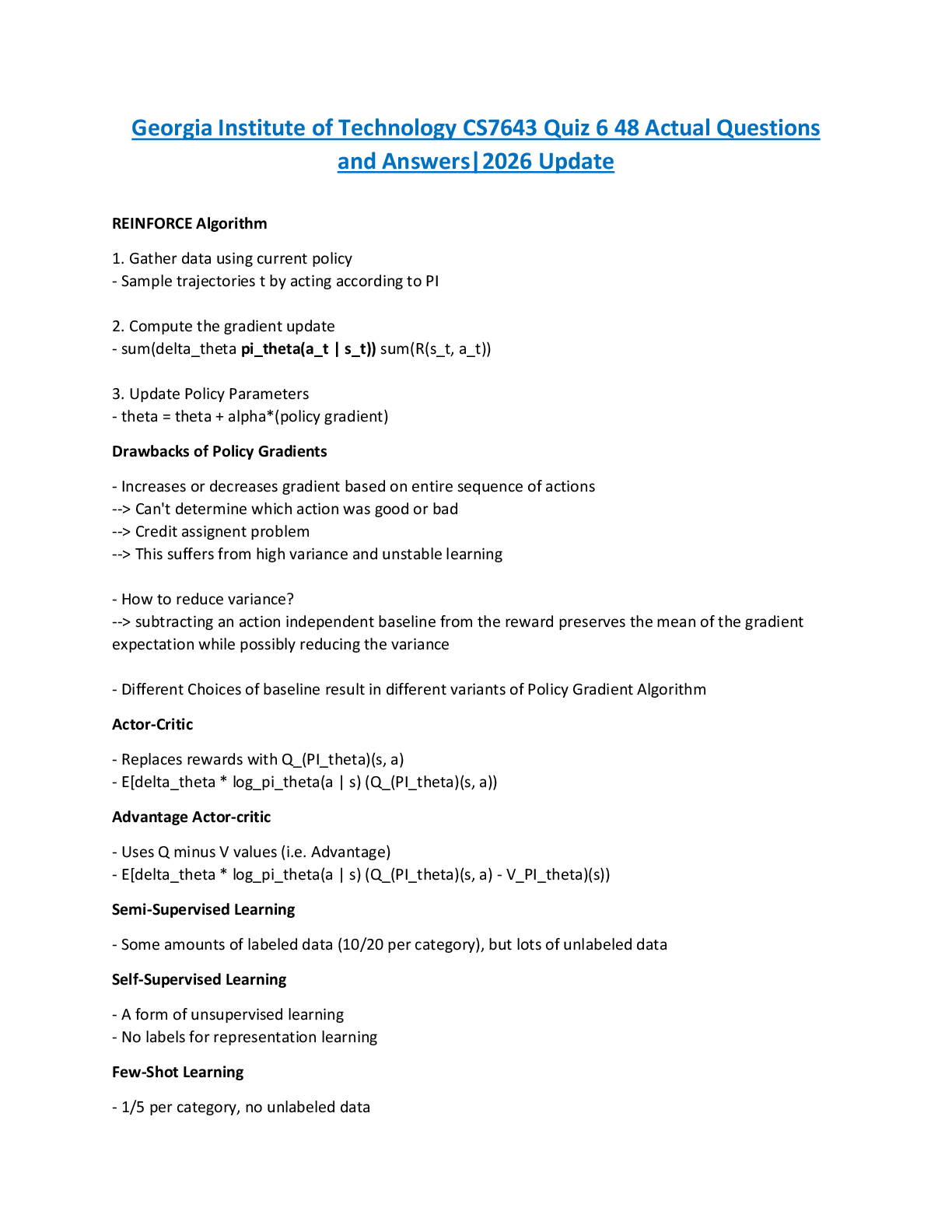 Preview image for Georgia Institute of Technology CS7643 Quiz 6 48 Actual Questions  and Answers|2026 Update