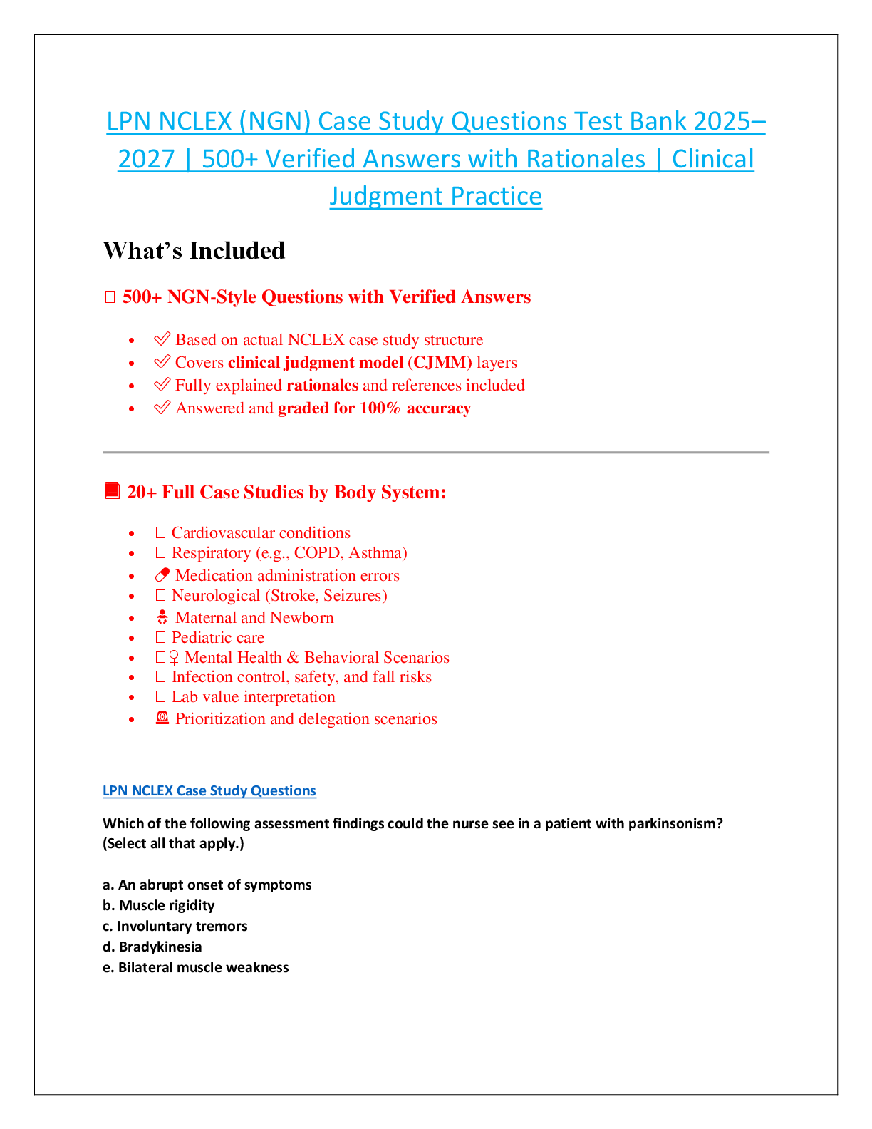Preview image for LPN NCLEX (NGN) Case Study Questions Test Bank 2025 2027 | 500+ Verified Answers with Rationales | Clinical  Judgment Practice