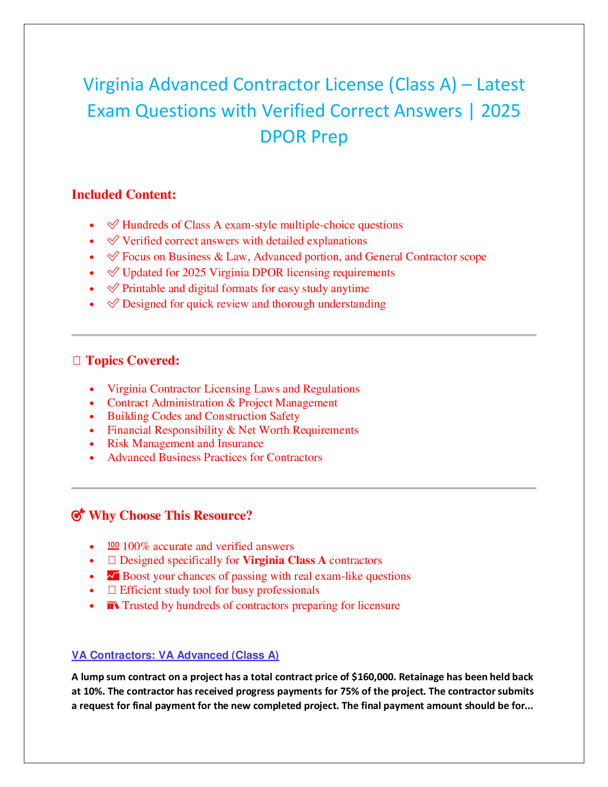 Preview image for Virginia Advanced Contractor License (Class A) – Latest  Exam Questions with Verified Correct Answers | 2025  DPOR Prep