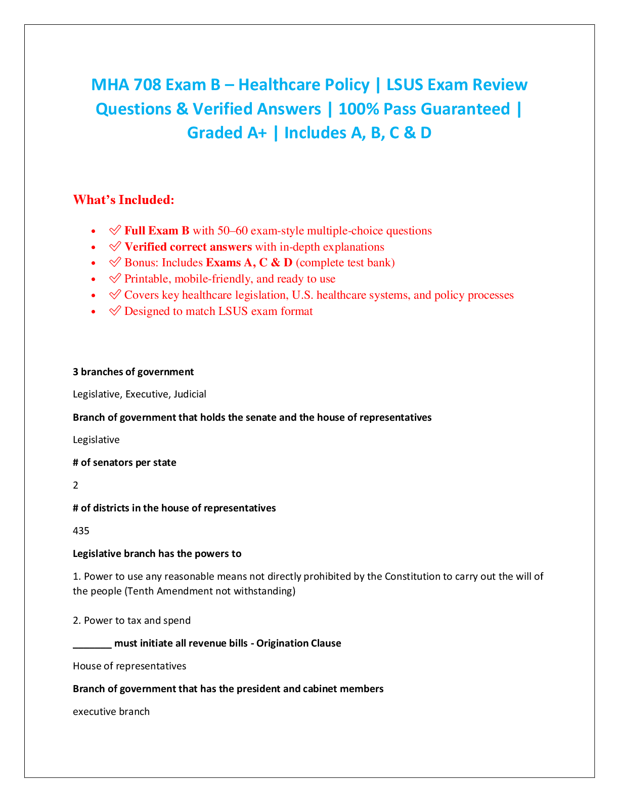Preview image for MHA 708 Exam B – Healthcare Policy | LSUS Exam Review  Questions & Verified Answers | 100% Pass Guaranteed |  Graded A+ | Includes A, B, C & D