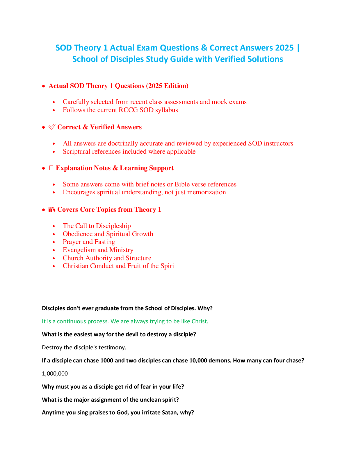 Preview image for SOD Theory 1 Actual Exam Questions & Correct Answers 2025 |  School of Disciples Study Guide with Verified Solutions
