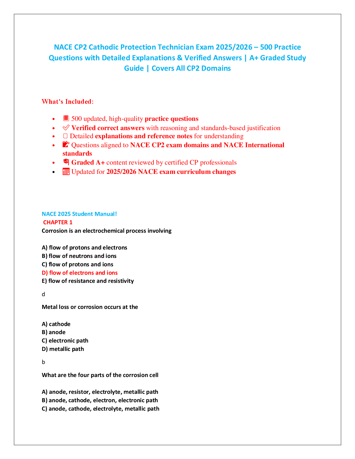 Preview image for NACE CP2 Cathodic Protection Technician Exam 2025/2026 – 500 Practice  Questions with Detailed Explanations & Verified Answers | A+ Graded Study  Guide | Covers All CP2 Domains