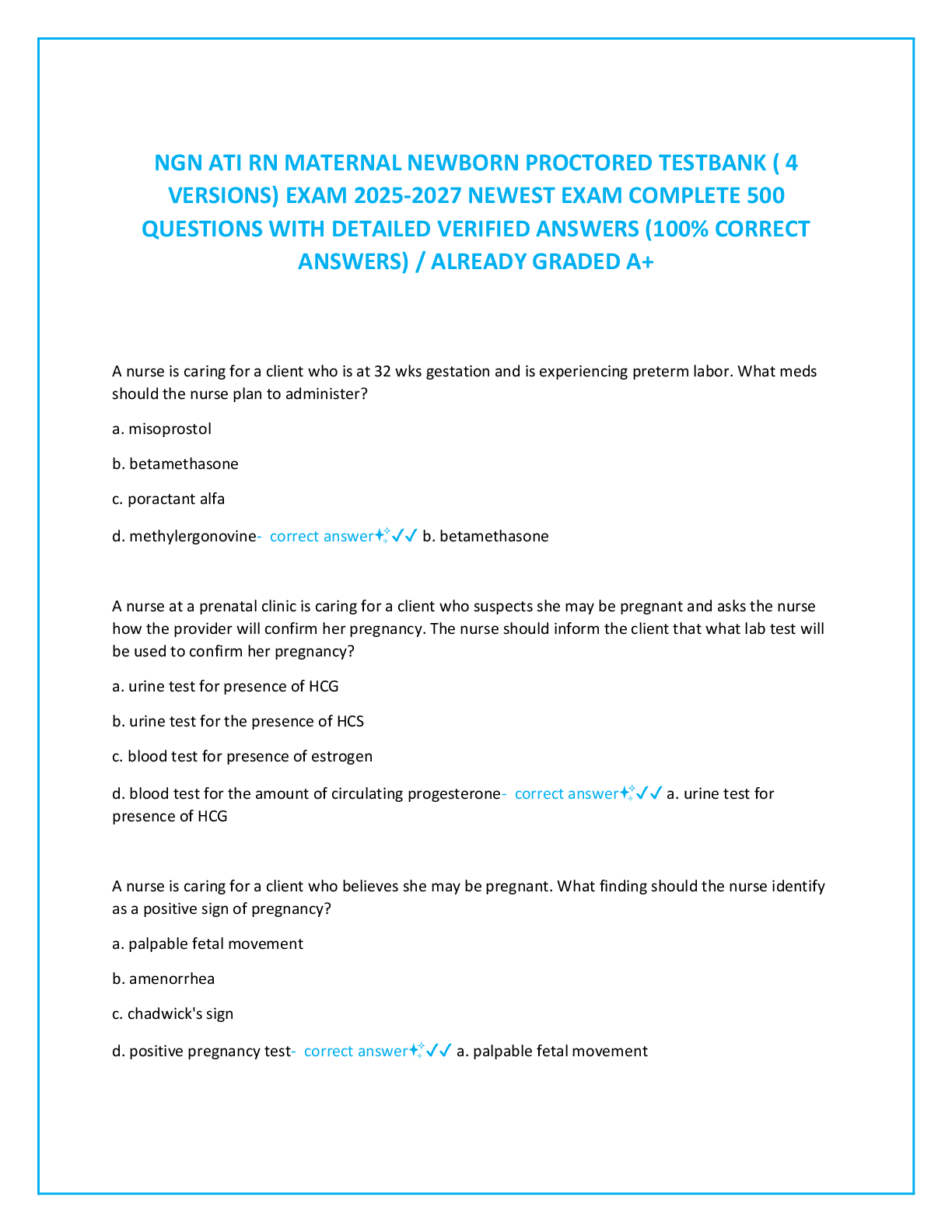 Preview image for NGN ATI RN MATERNAL NEWBORN PROCTORED TESTBANK ( 4  VERSIONS) EXAM 2025-2027 NEWEST EXAM COMPLETE 500  QUESTIONS WITH DETAILED VERIFIED ANSWERS (100% CORRECT  ANSWERS) / ALREADY GRADED A+