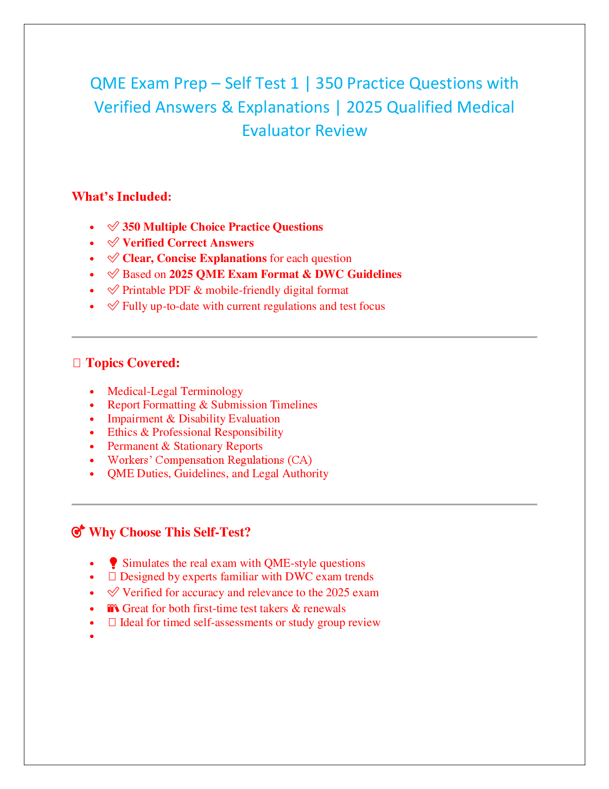 Preview image for QME Exam Prep – Self Test 1 | 350 Practice Questions with  Verified Answers & Explanations | 2025 Qualified Medical  Evaluator Review