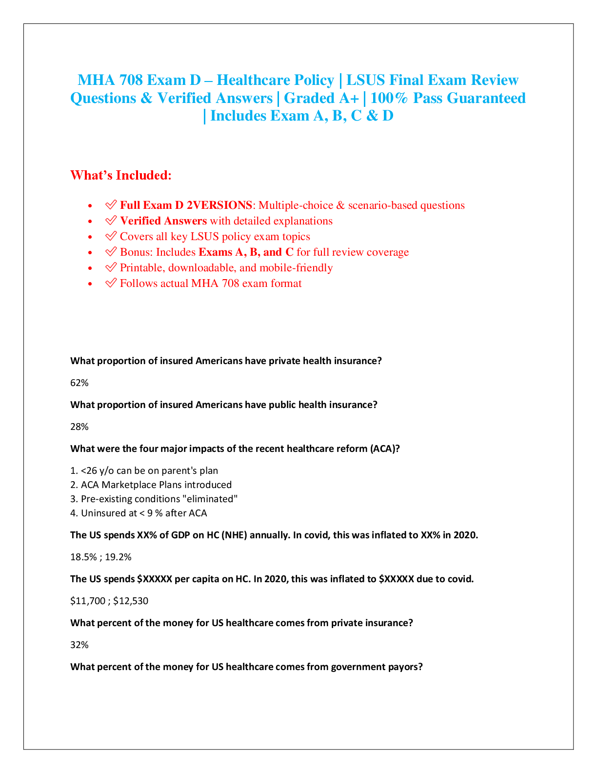 Preview image for MHA 708 Exam D – Healthcare Policy | LSUS Final Exam Review  Questions & Verified Answers | Graded A+ | 100% Pass Guaranteed  | Includes Exam A, B, C & D