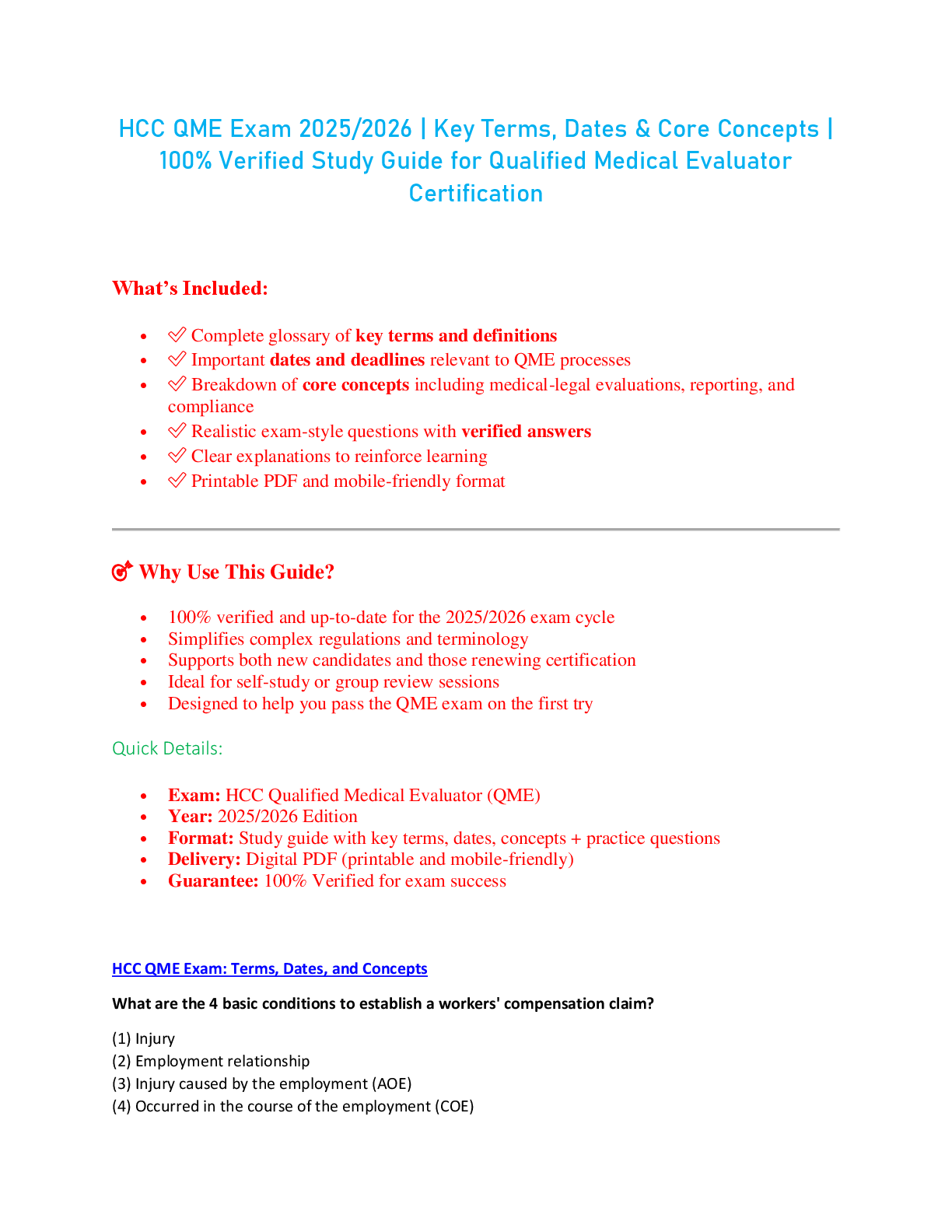 Preview image for HCC QME Exam 2025/2026 | Key Terms, Dates & Core Concepts |  100% Verified Study Guide for Qualified Medical Evaluator  Certification