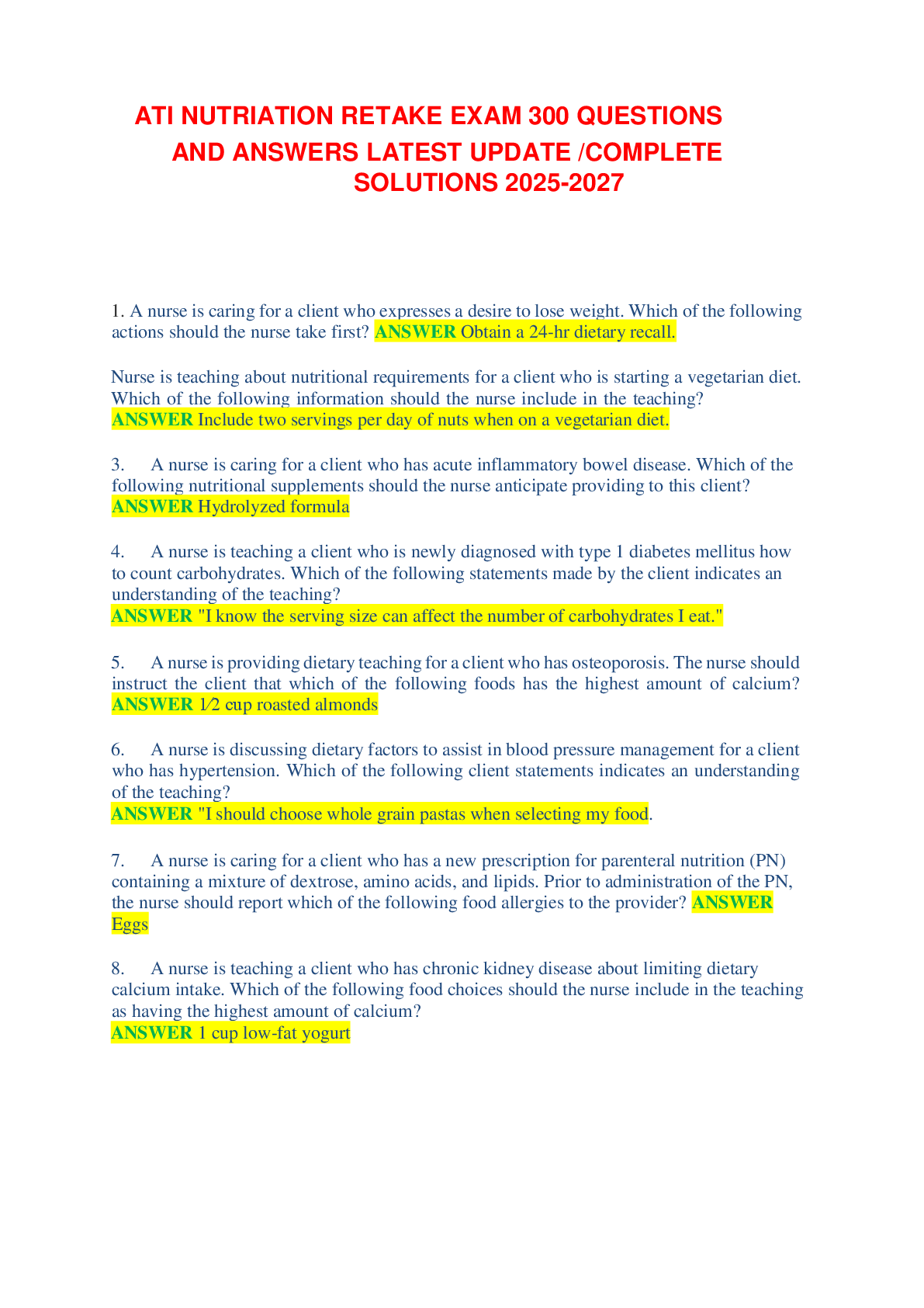 Preview image for ATI NUTRIATION RETAKE EXAM 300 QUESTIONS   AND ANSWERS LATEST UPDATE /COMPLETE  SOLUTIONS 2025-2027