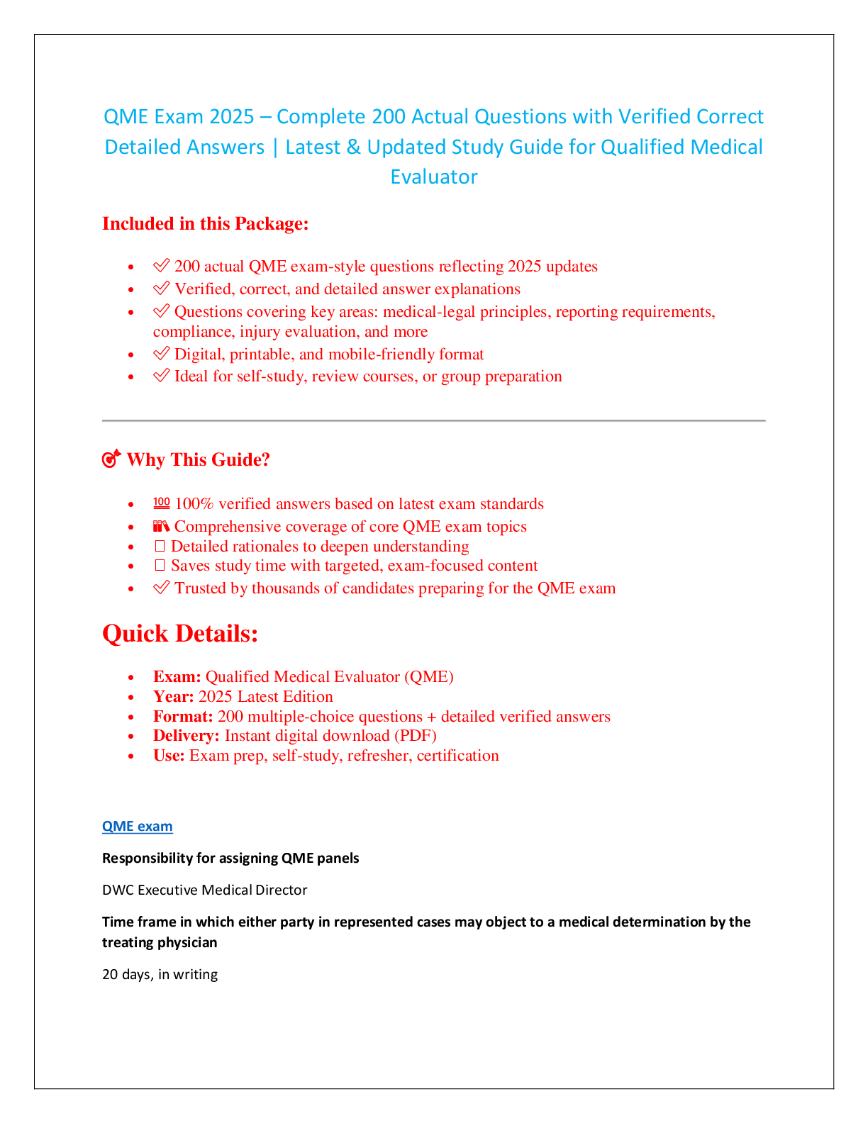 Preview image for QME Exam 2025 – Complete 200 Actual Questions with Verified Correct  Detailed Answers | Latest & Updated Study Guide for Qualified Medical  Evaluator