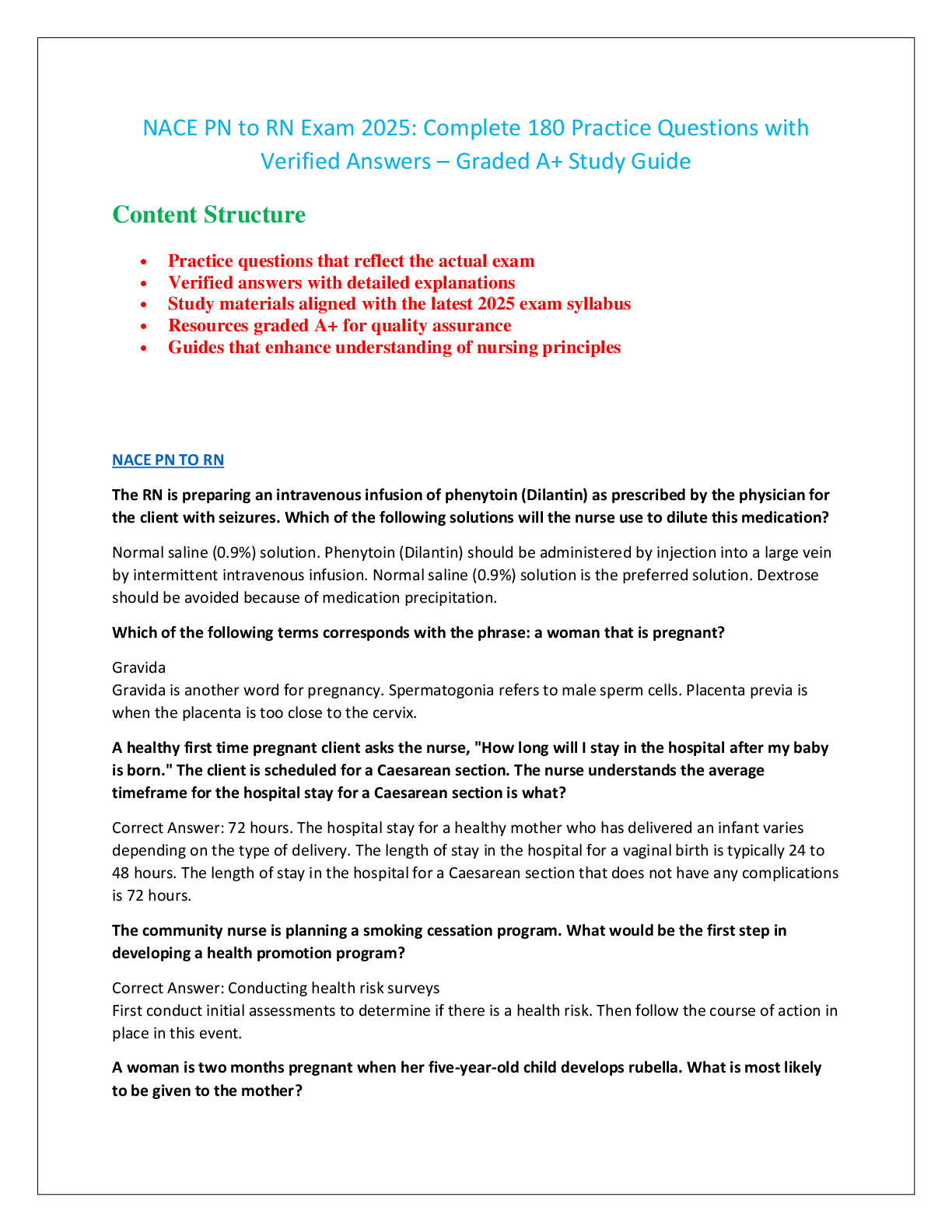 Preview image for NACE PN to RN Exam 2025: Complete 180 Practice Questions with  Verified Answers – Graded A+ Study Guide