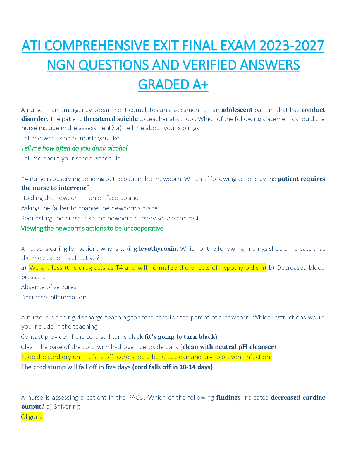 Preview image for ATI COMPREHENSIVE EXIT FINAL EXAM 2023-2027  NGN QUESTIONS AND VERIFIED ANSWERS   GRADED A+