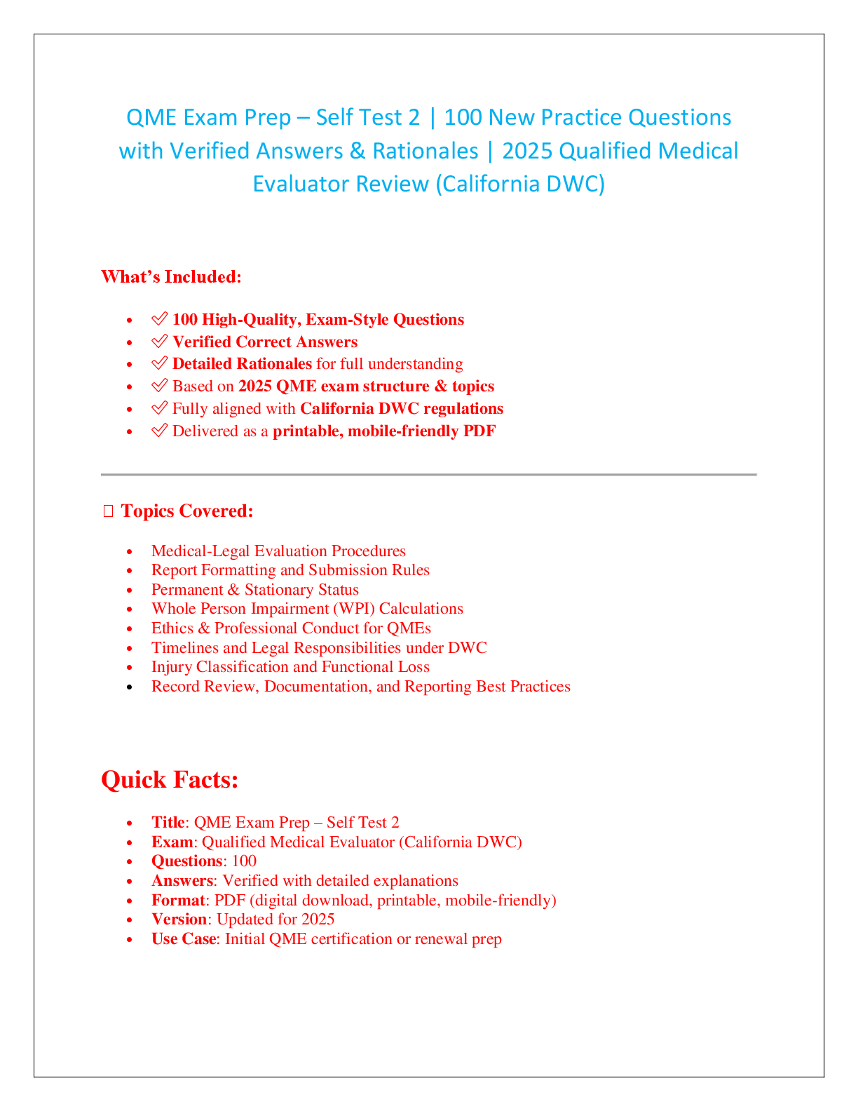 Preview image for QME Exam Prep – Self Test 1 | 350 Practice Questions with  Verified Answers & Explanations | 2025 Qualified Medical  Evaluator Review