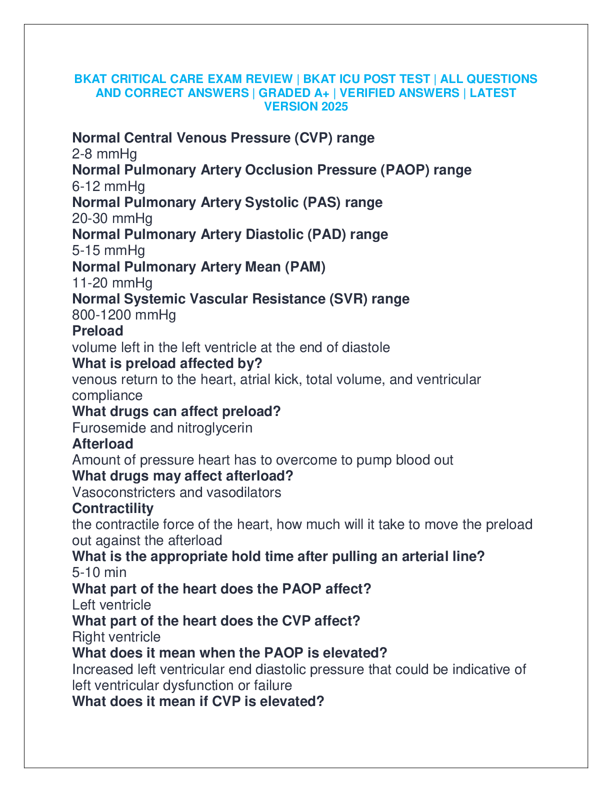Preview image for BKAT CRITICAL CARE EXAM REVIEW | BKAT ICU POST TEST | ALL QUESTIONS  AND CORRECT ANSWERS | GRADED A+ | VERIFIED ANSWERS | LATEST  VERSION 2025