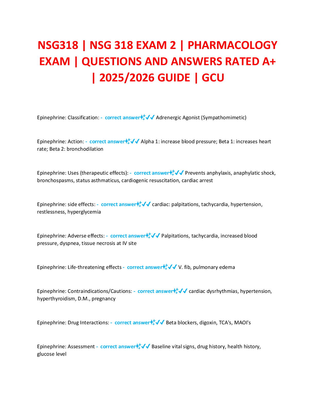 Preview image for NSG318 | NSG 318 EXAM 2 | PHARMACOLOGY  EXAM | QUESTIONS AND ANSWERS RATED A+  | 2025/2026 GUIDE | GCU