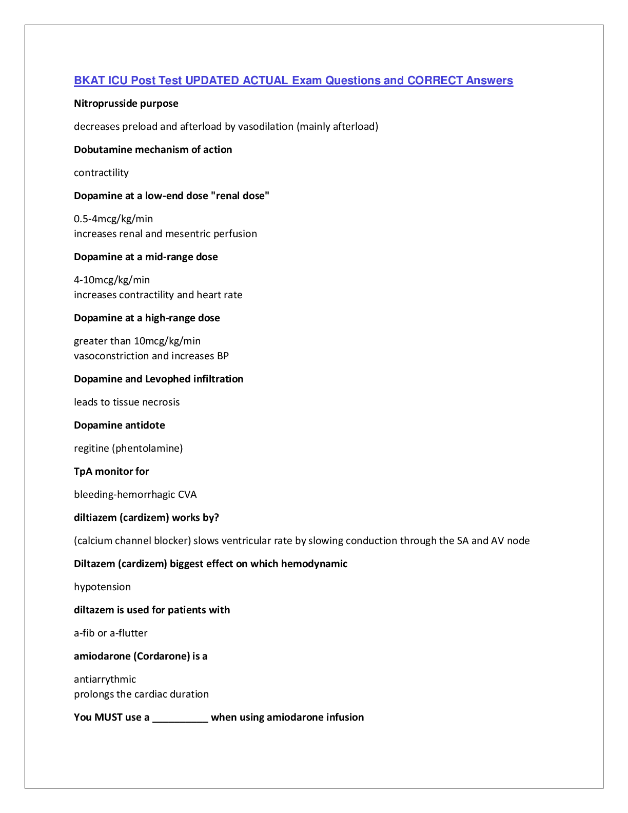 Preview image for BKAT ICU Post Test UPDATED ACTUAL Exam Questions and CORRECT Answers