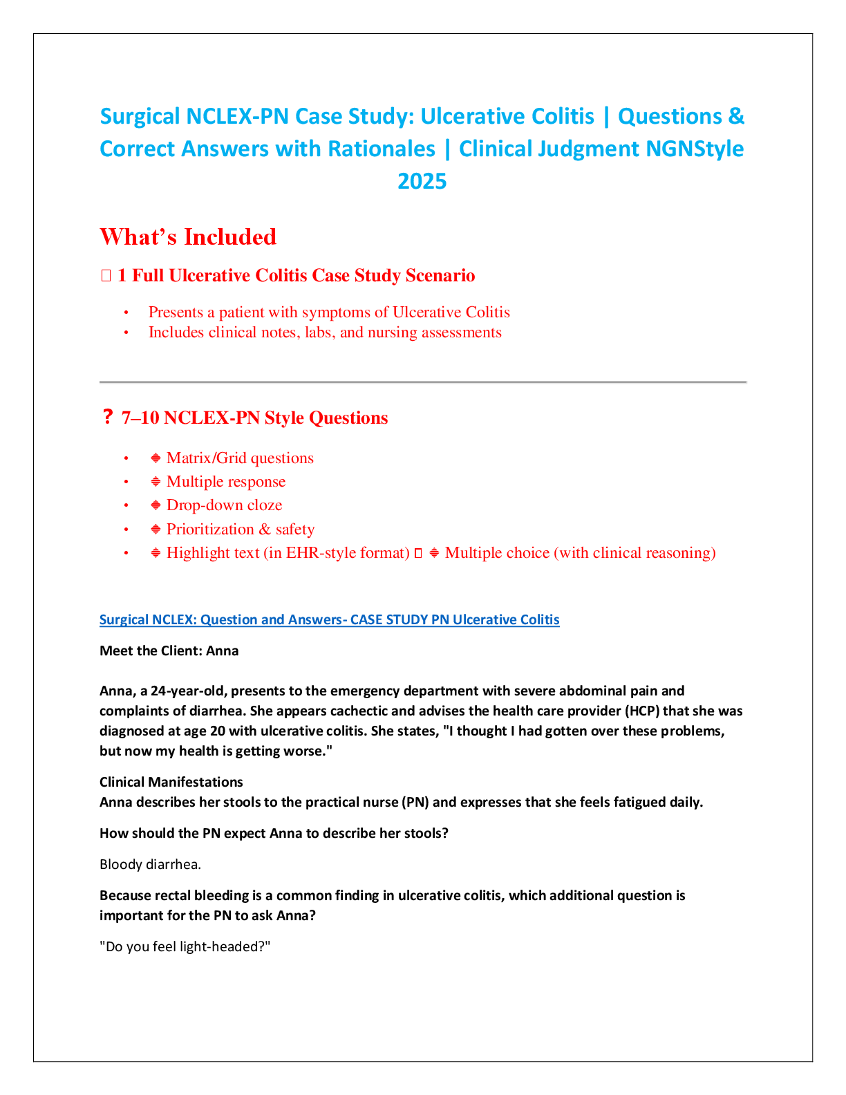 Preview image for Surgical NCLEX-PN Case Study: Ulcerative Colitis | Questions &   Correct Answers with Rationales | Clinical Judgment NGNStyle  2025
