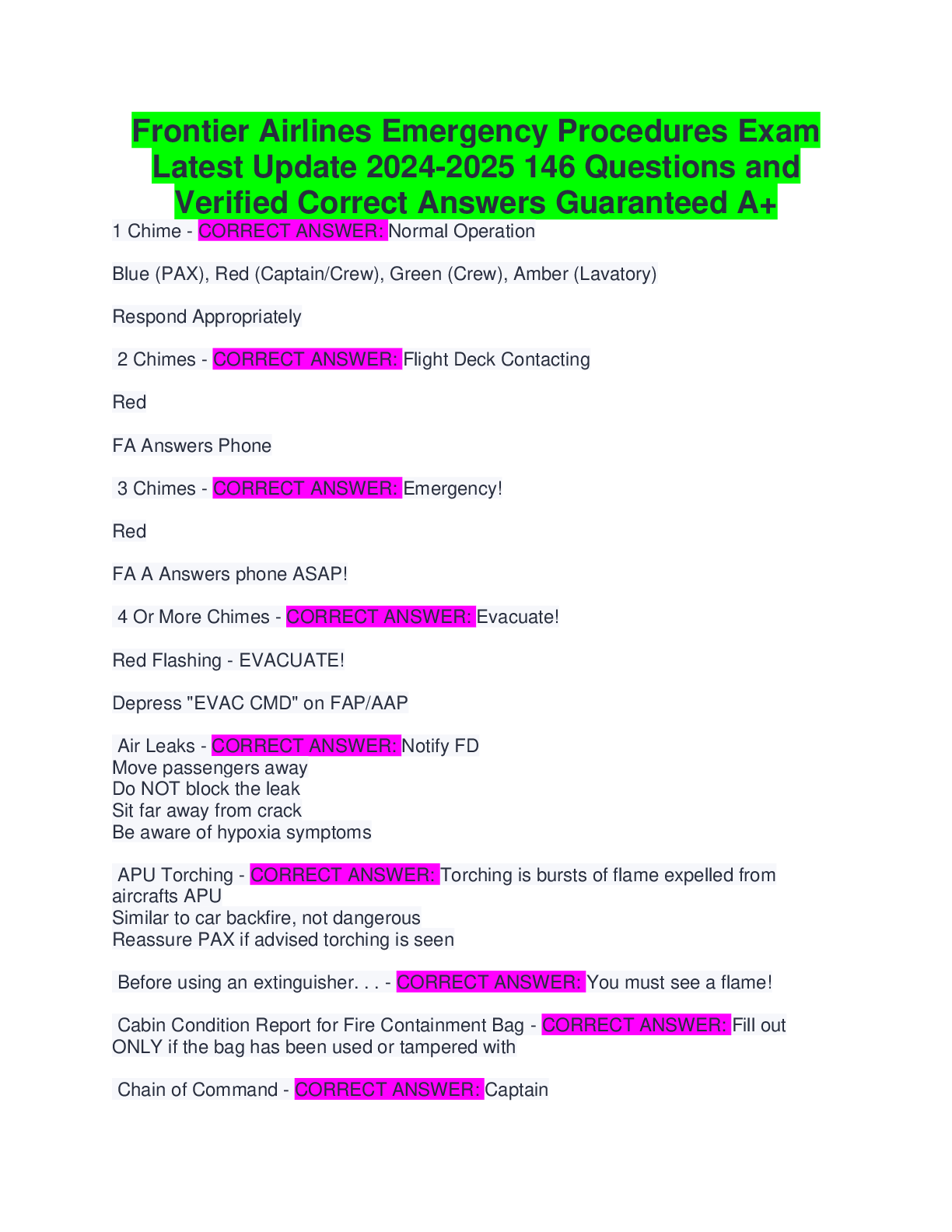 Preview of Frontier Airlines Emergency Procedures Exam  Latest Update 2024-2025 146 Questions and  Verified Correct Answers Guaranteed A+