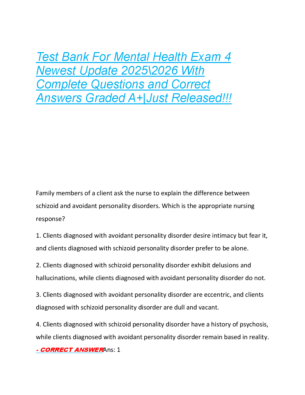 Preview image for Test Bank For Mental Health Exam 4  Newest Update 2025\2026 With  Complete Questions and Correct  Answers Graded A+|Just Released!!!