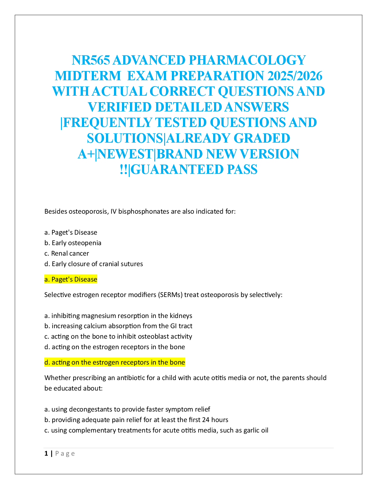 NR565 ADVANCED PHARMACOLOGY  MIDTERM  EXAM PREPARATION  