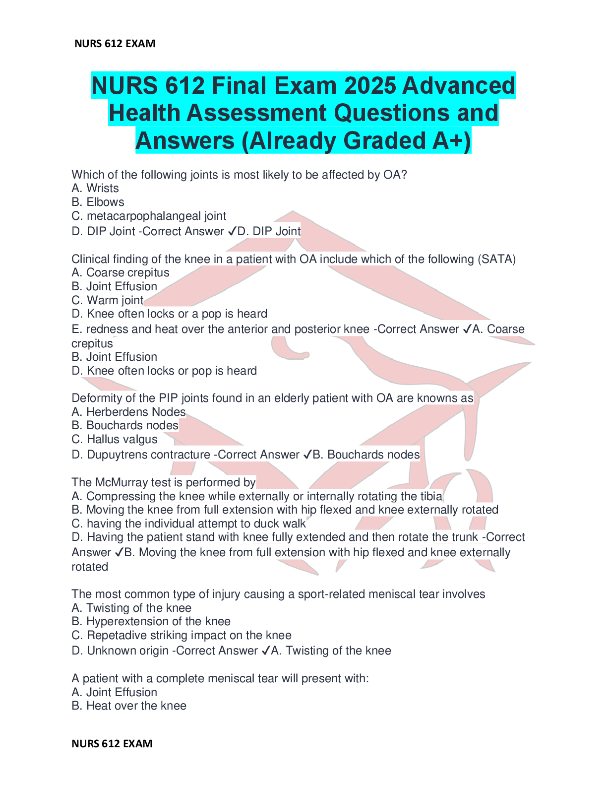 Preview image for NURS 612 Final Exam 2025 Advanced  Health Assessment Questions and  Answers (Already Graded A+)