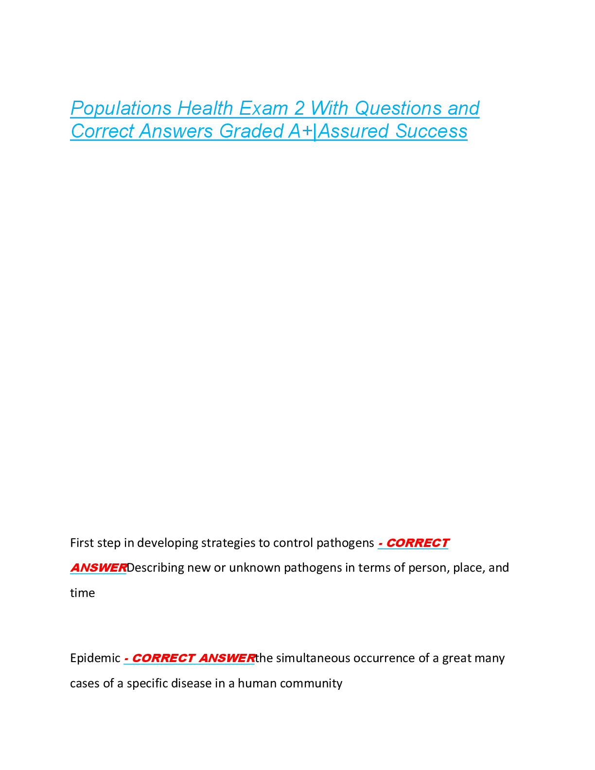 Preview image for Populations Health Exam 2 With Questions and  Correct Answers Graded A+|Assured Success