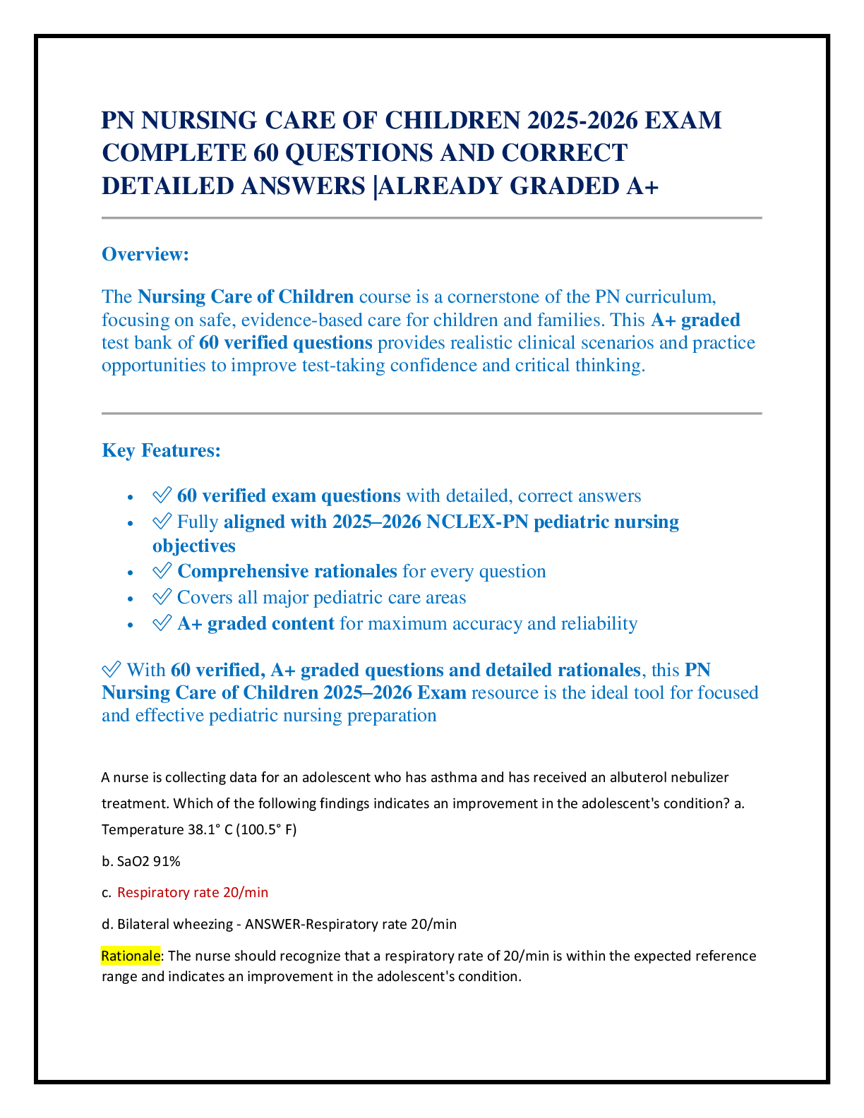 Preview of PN NURSING CARE OF CHILDREN 2025-2026 EXAM COMPLETE 60 QUESTIONS AND CORRECT DETAILED ANSW