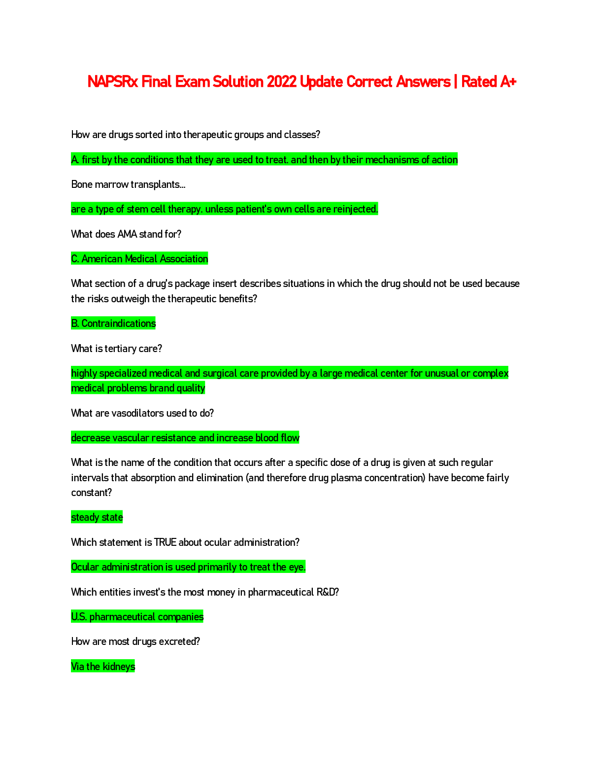 NAPSRx Final Exam Solution 2022 Update Correct Answers | Rated A+