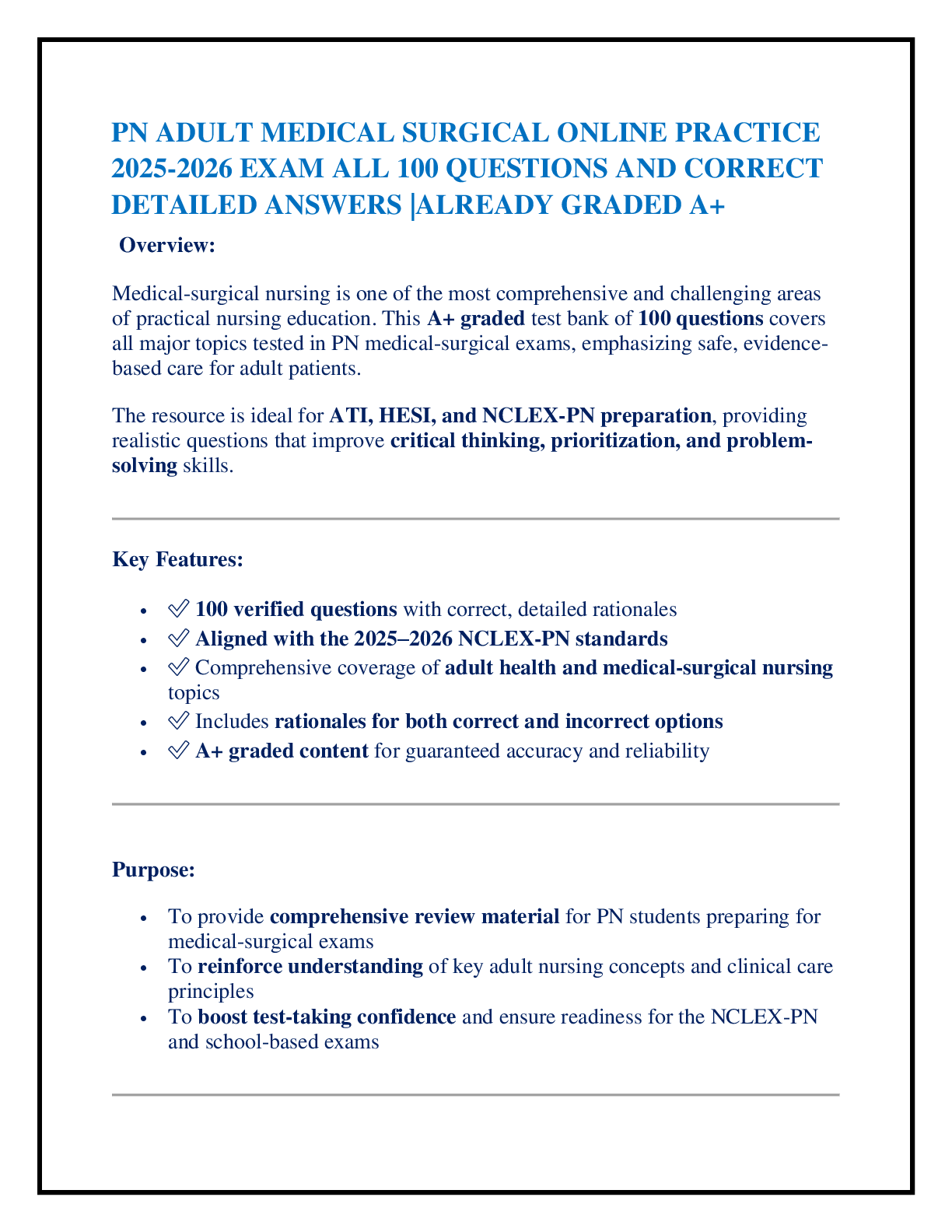 Preview image for PN ADULT MEDICAL SURGICAL ONLINE PRACTICE  2025-2026 EXAM ALL 100 QUESTIONS AND CORRECT  DETAILED ANSWERS |ALREADY GRADED A+