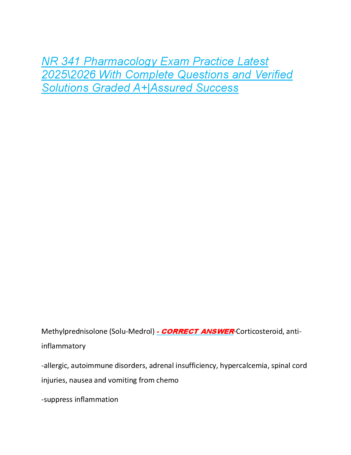 Preview of NR 341 Pharmacology Exam Practice Latest  2025\2026 With Complete Questions and Verified  Solutions Graded A+|Assured Success