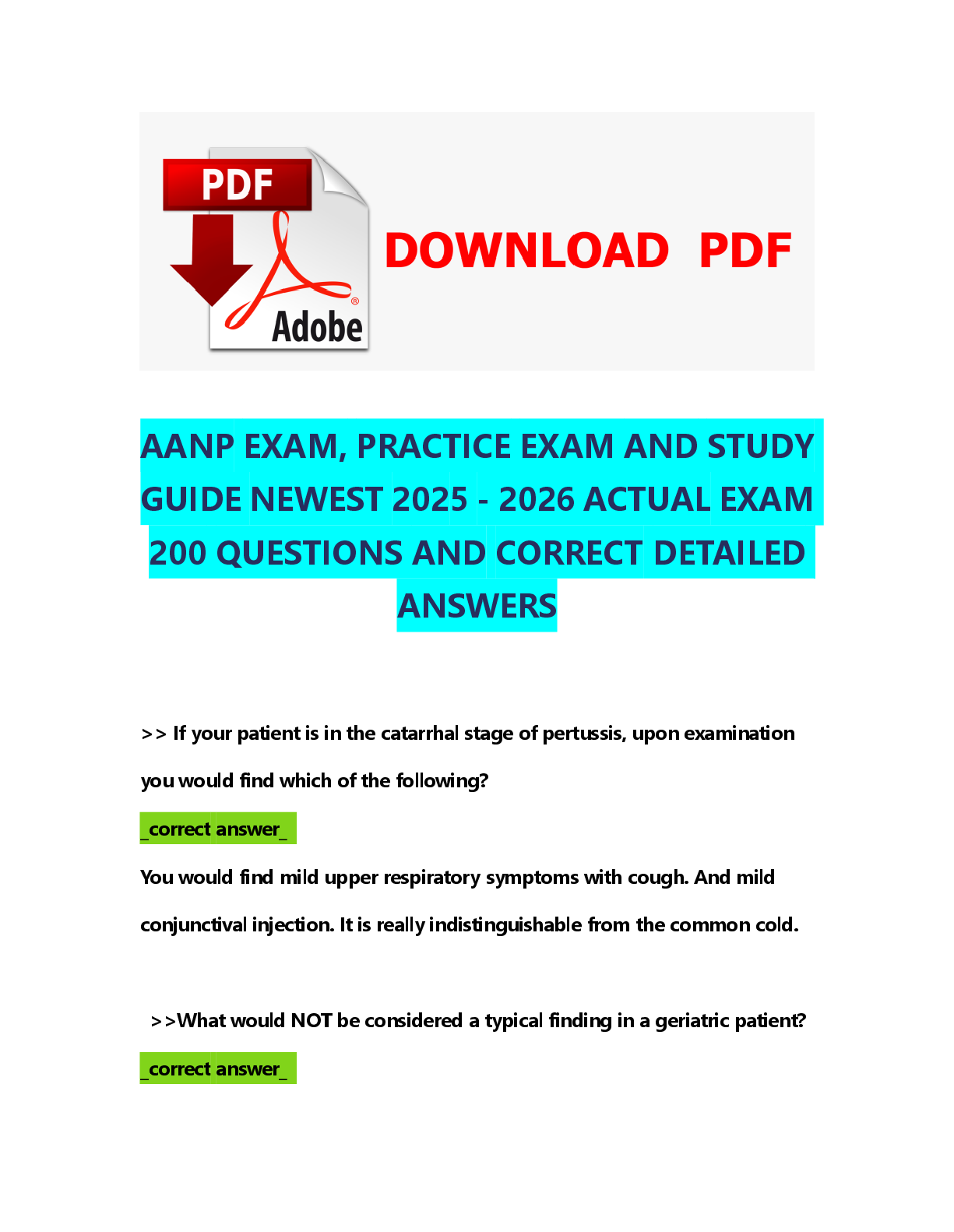 Preview of AANP  EXAM,  GUIDE  PRACTICE  EXAM  NEWEST  202  200  QUESTIONS  5 2026  AND  AND  STUDY