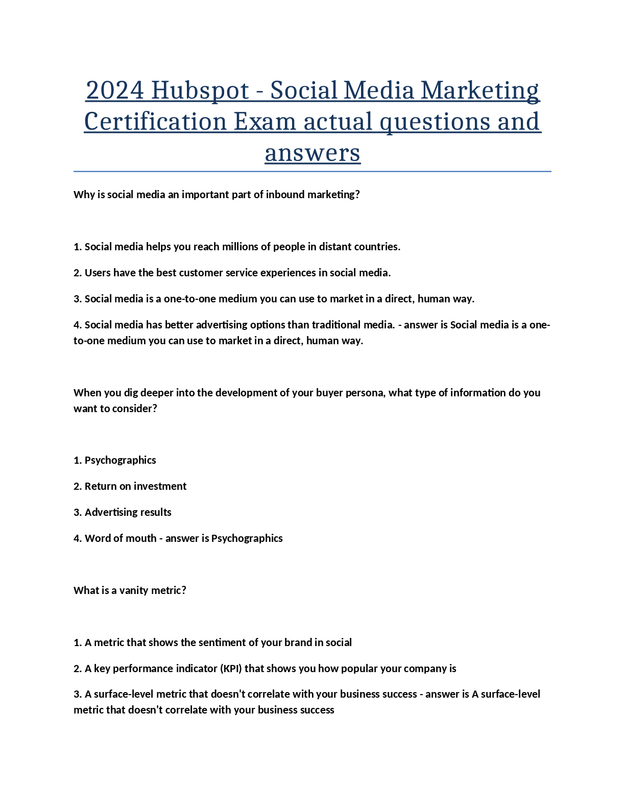 Recommended document preview for 2024 Hubspot - Social Media Marketing  Certification Exam actual questions and  answers