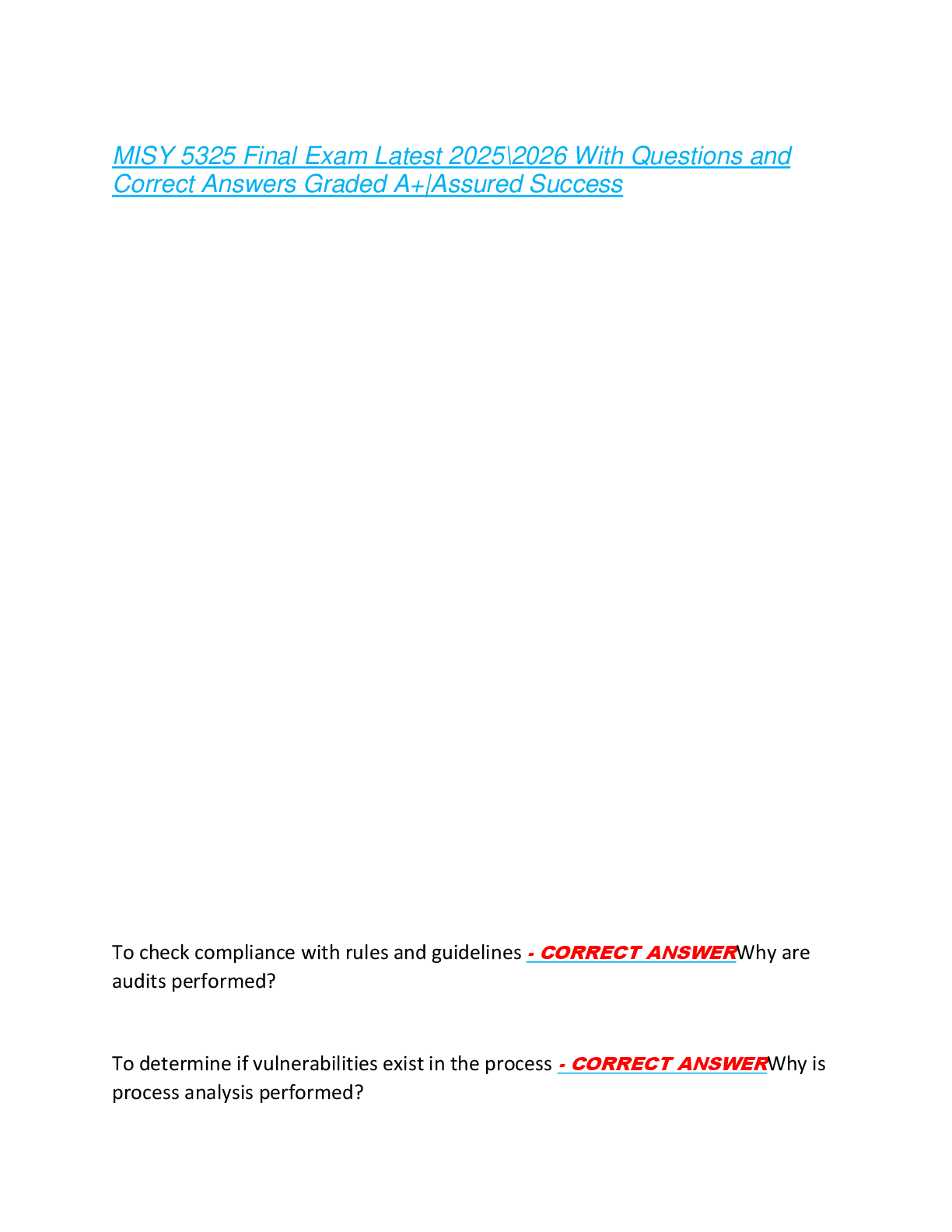 MISY 5325 Final Exam Latest 2025\2026 With Questions and  Correct Answers Graded A+|Assured Success