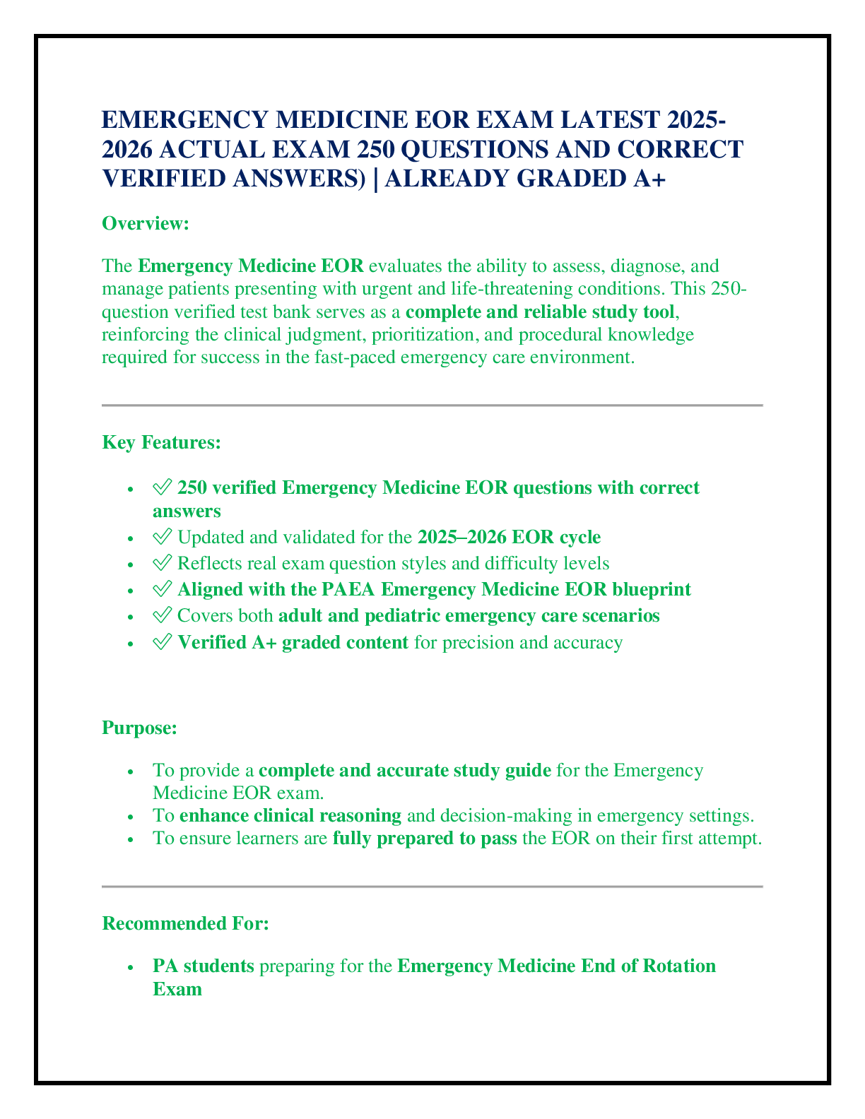 EMERGENCY MEDICINE EOR EXAM LATEST 2025-2026 ACTUAL EXAM 250 QUESTIONS AND CORRECT VERIFIED ANSWERS) | ALREADY GRADED A+