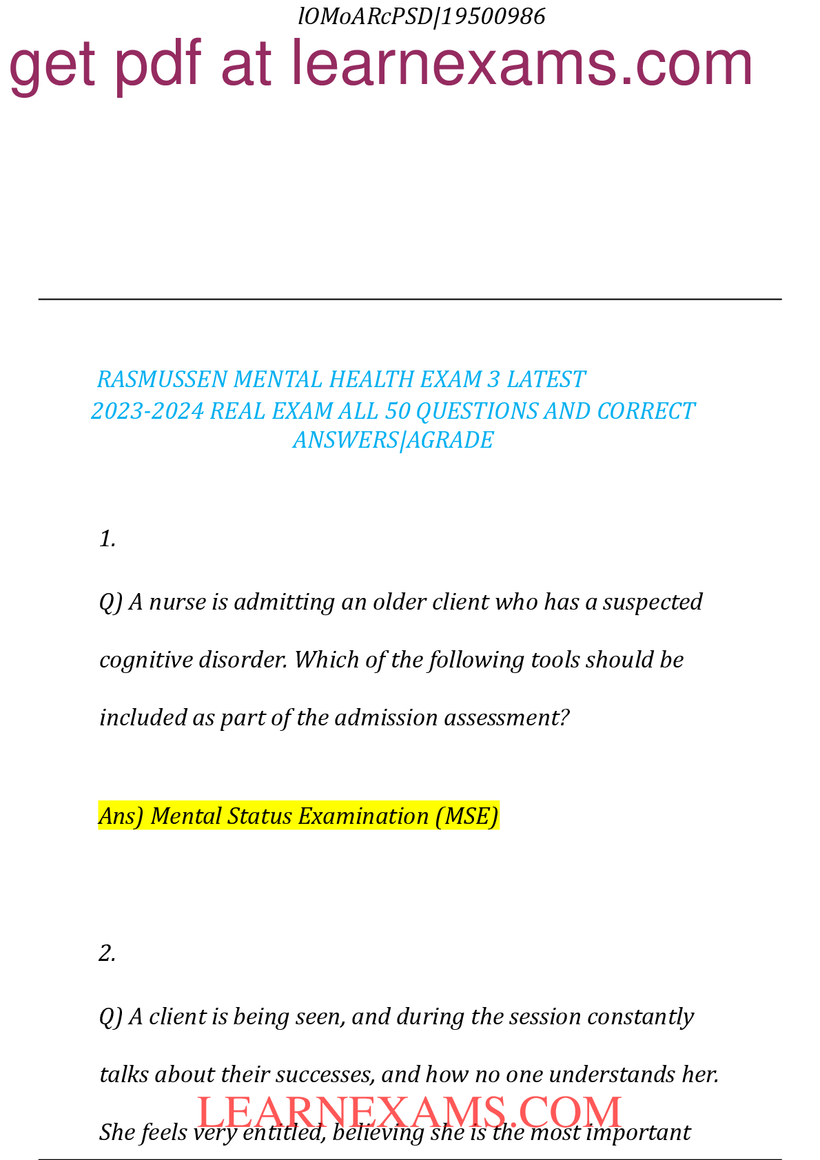 Preview of RASMUSSEN MENTAL HEALTH EXAM 3 LATEST   2023-2024 REAL EXAM ALL 50 QUESTIONS AND CORRECT