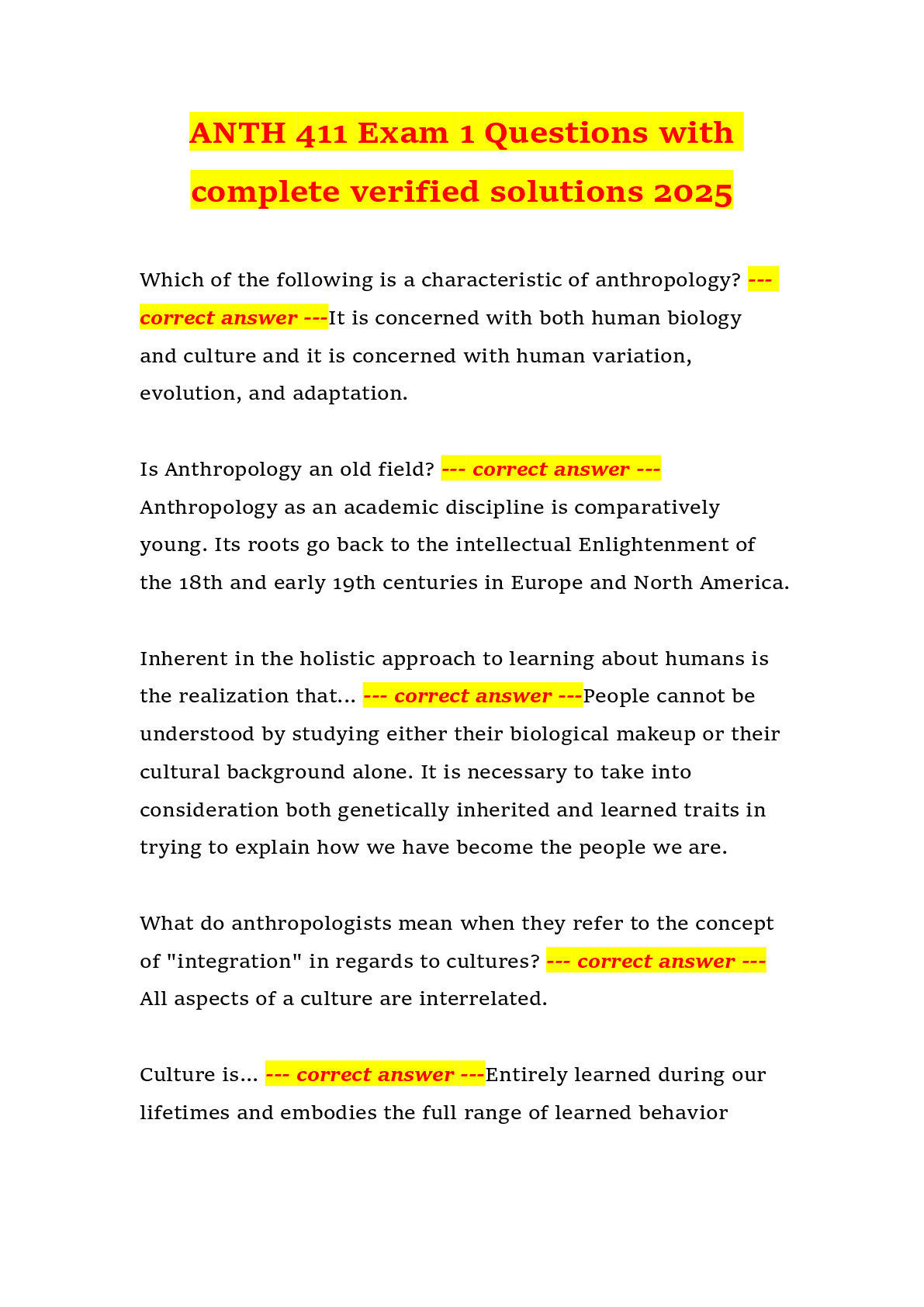 Preview of ANTH411 Exam 1 Questions with  complete verified solutions 2025