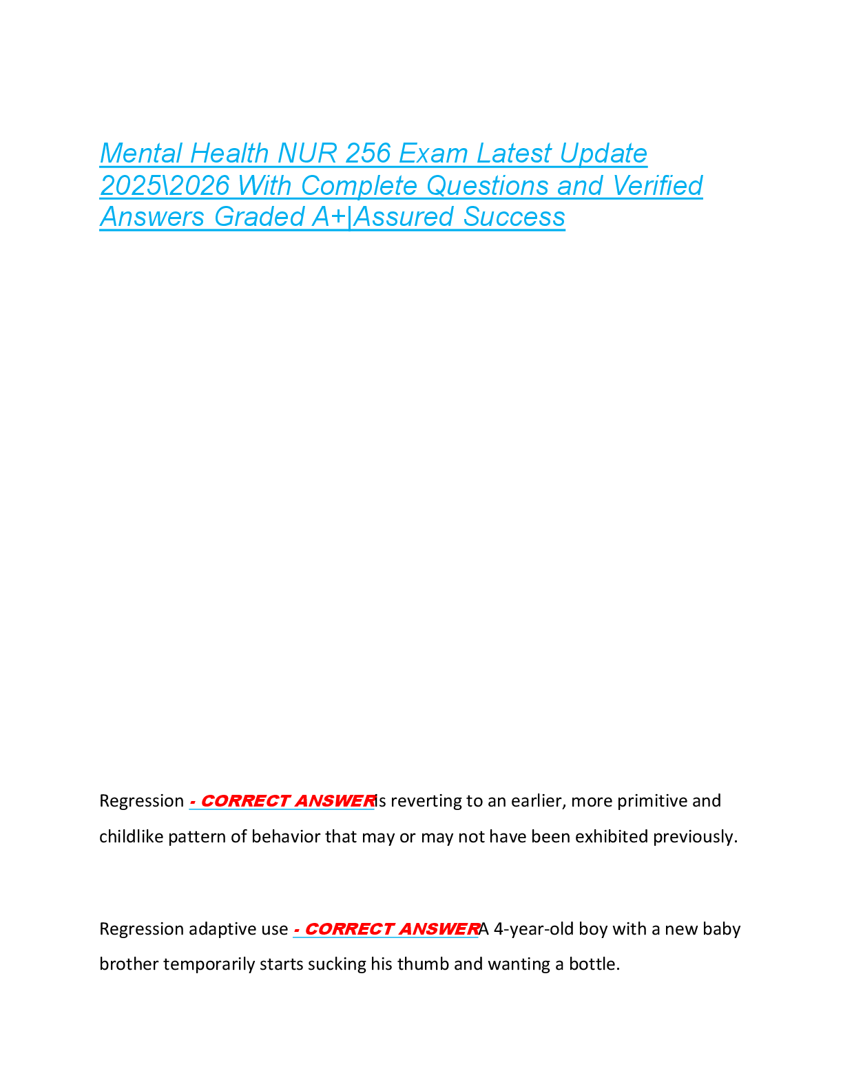 Preview of Mental Health NUR 256 Exam Latest Update  2025\2026 With Complete Questions and Verified