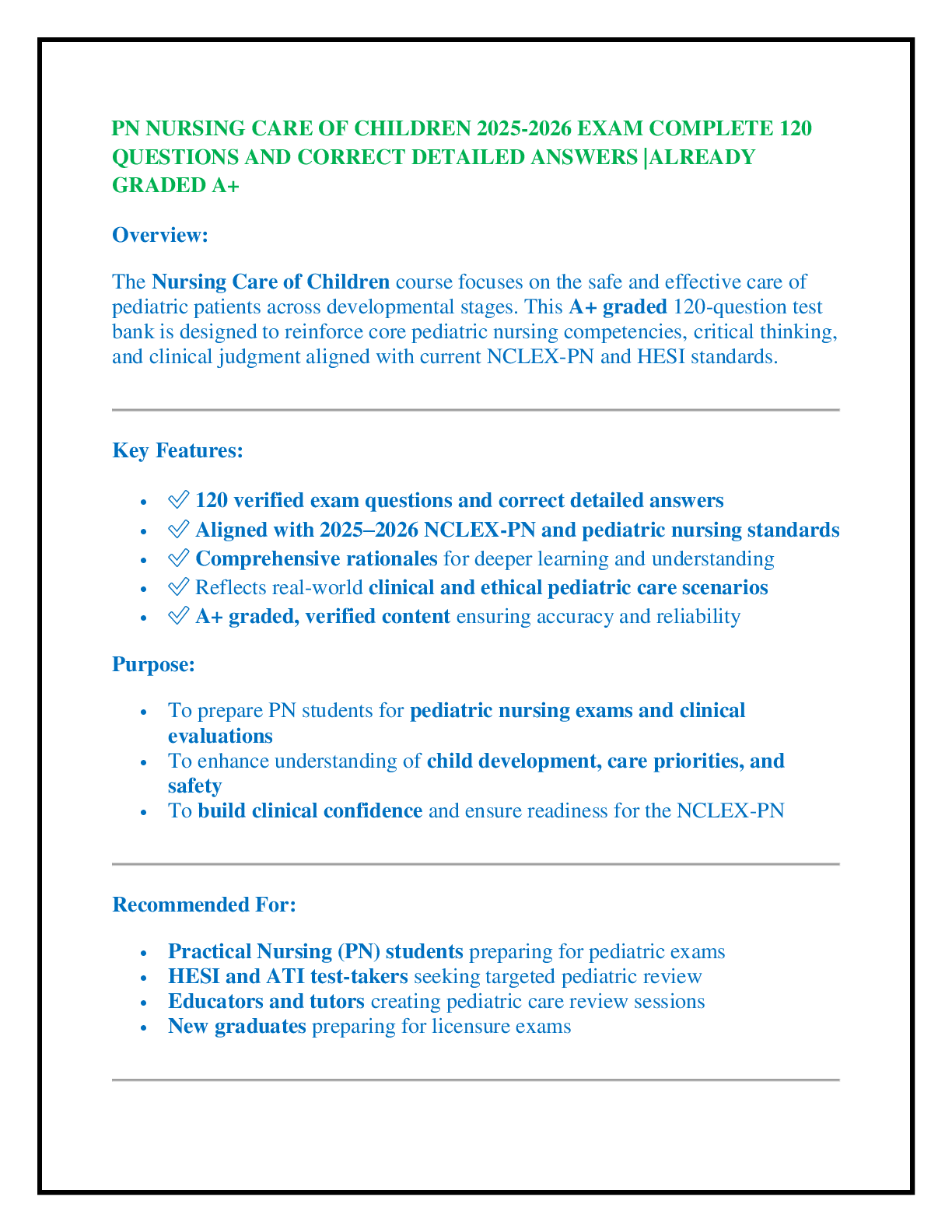 Preview of PN NURSING CARE OF CHILDREN 2025-2026 EXAM COMPLETE 120 QUESTIONS AND CORRECT DETAILED ANS