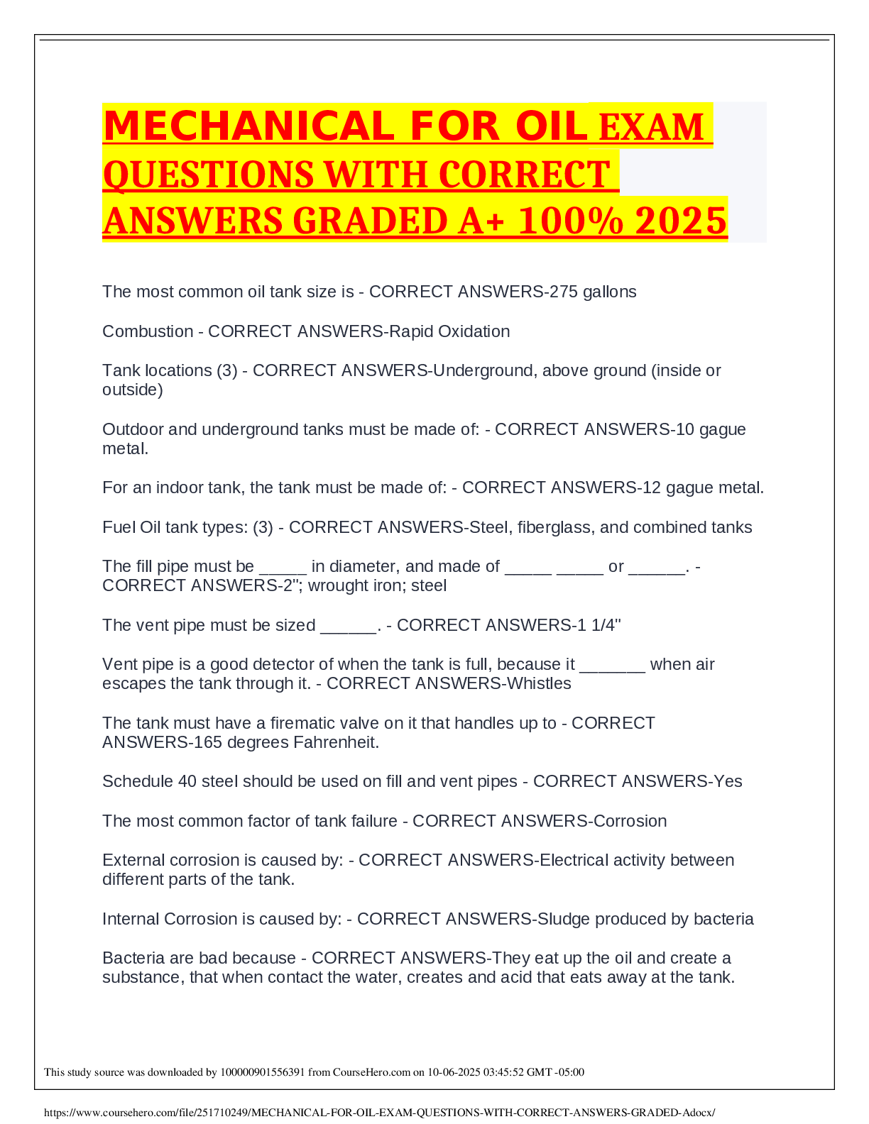 Preview of MECHANICAL FOR OIL   EXAM   QUESTIONS WITH CORRECT  ANSWERS GRADED A+ 100% 2025