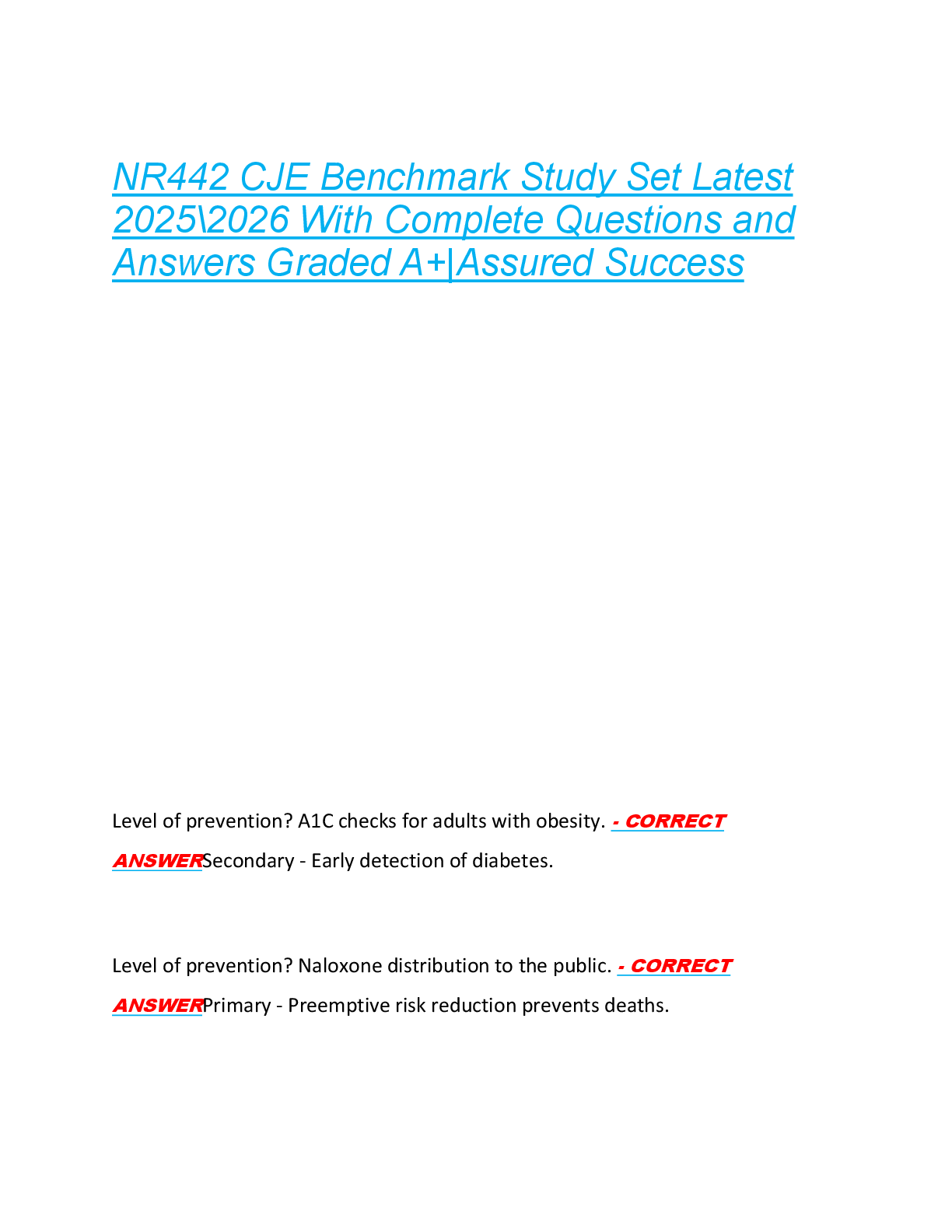 Preview image for NR442 CJE Benchmark Study Set Latest  2025\2026 With Complete Questions and  Answers Graded A+|Assured Success