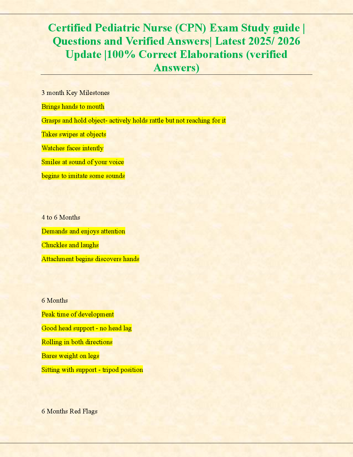 Preview of Certified Pediatric Nurse (CPN) Exam Study guide |  Questions and Verified Answers| Latest 2025/ 2026  Update |100% Correct Elaborations (verified  Answers)