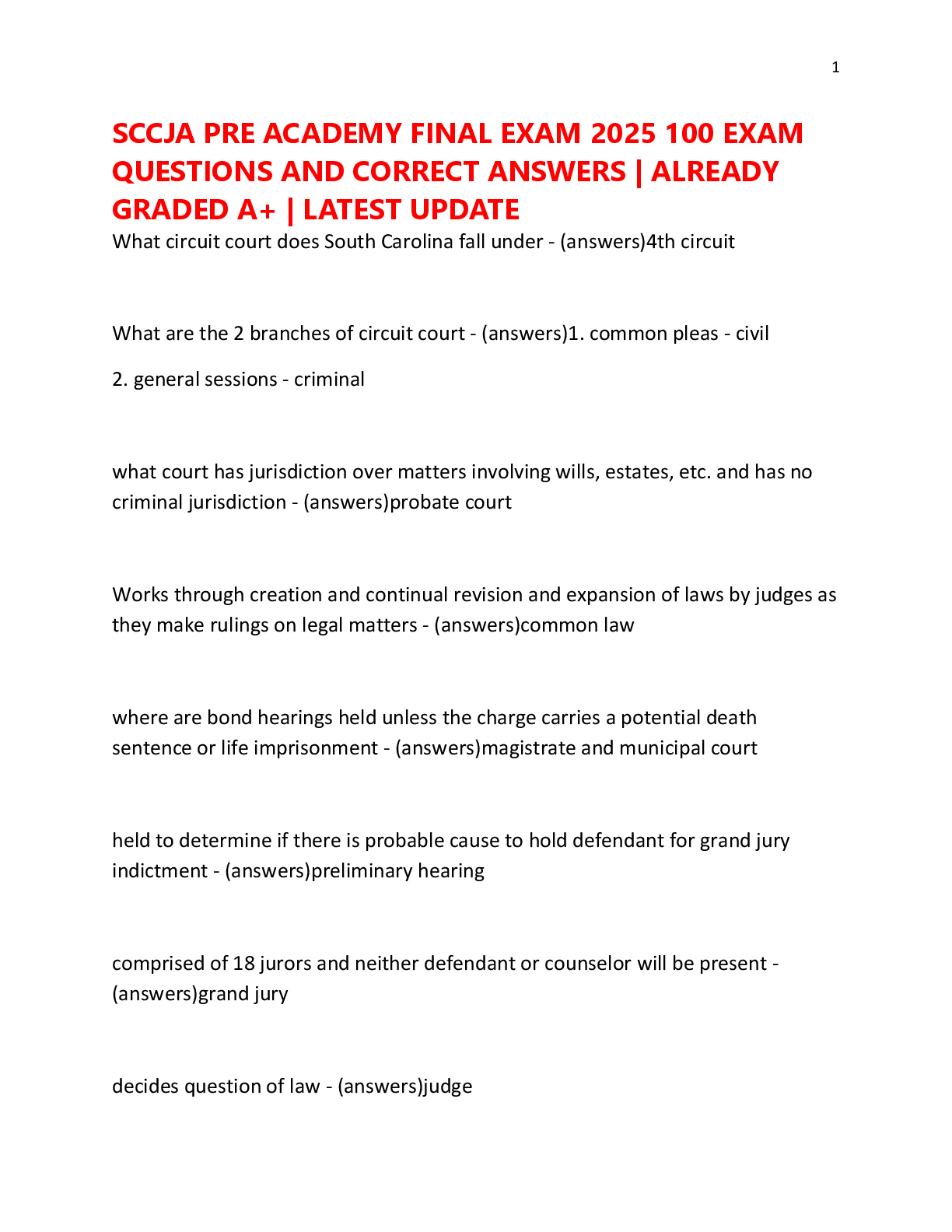 Preview of SCCJA PRE ACADEMY FINAL EXAM 2025 100 EXAM  QUESTIONS AND CORRECT ANSWERS | ALREADY  GRADE