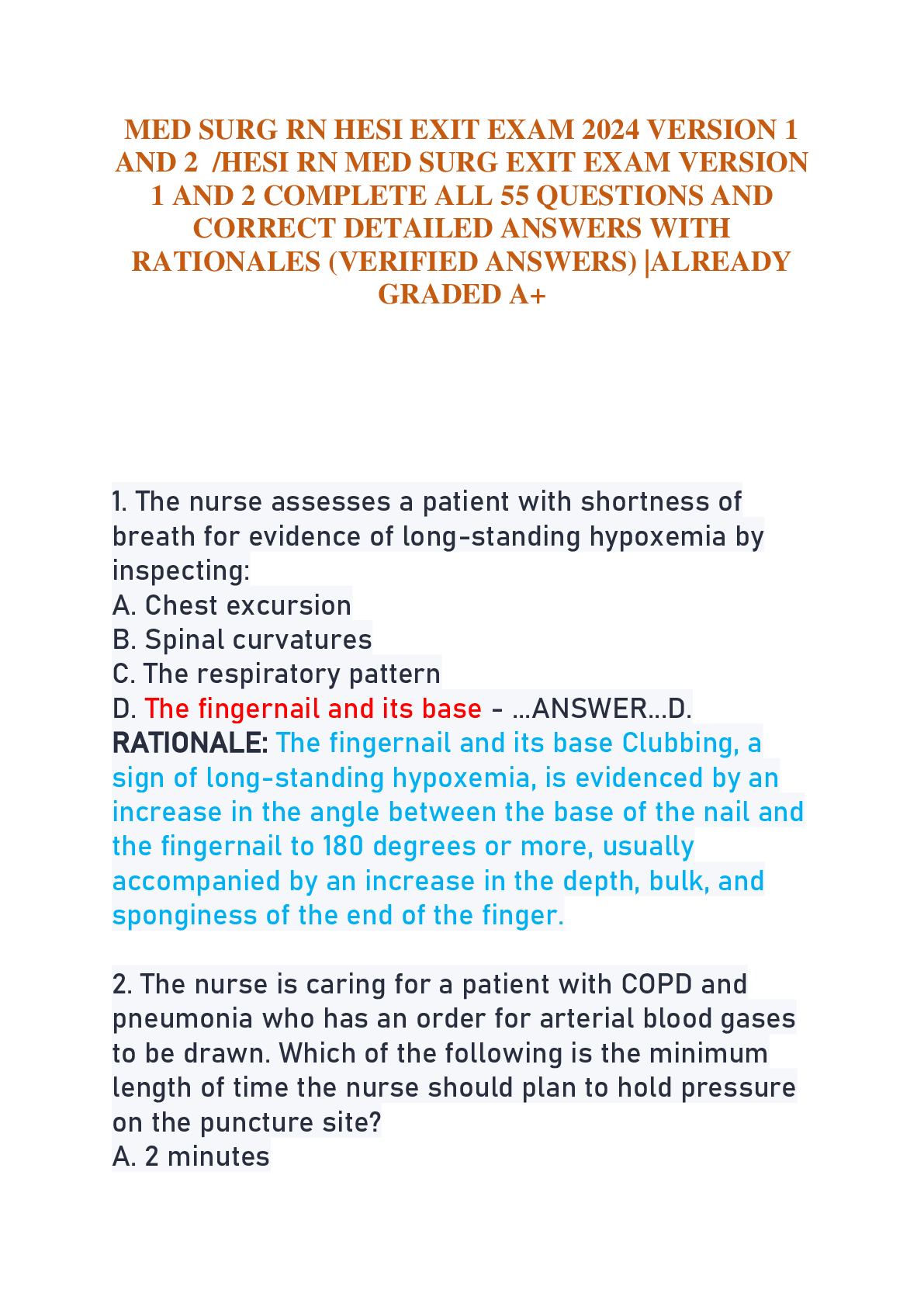 Preview of MED SURG RN HESI EXIT EXAM 2024 VERSION 1  AND 2  /HESI RN MED SURG EXIT EXAM VERSION  1 A