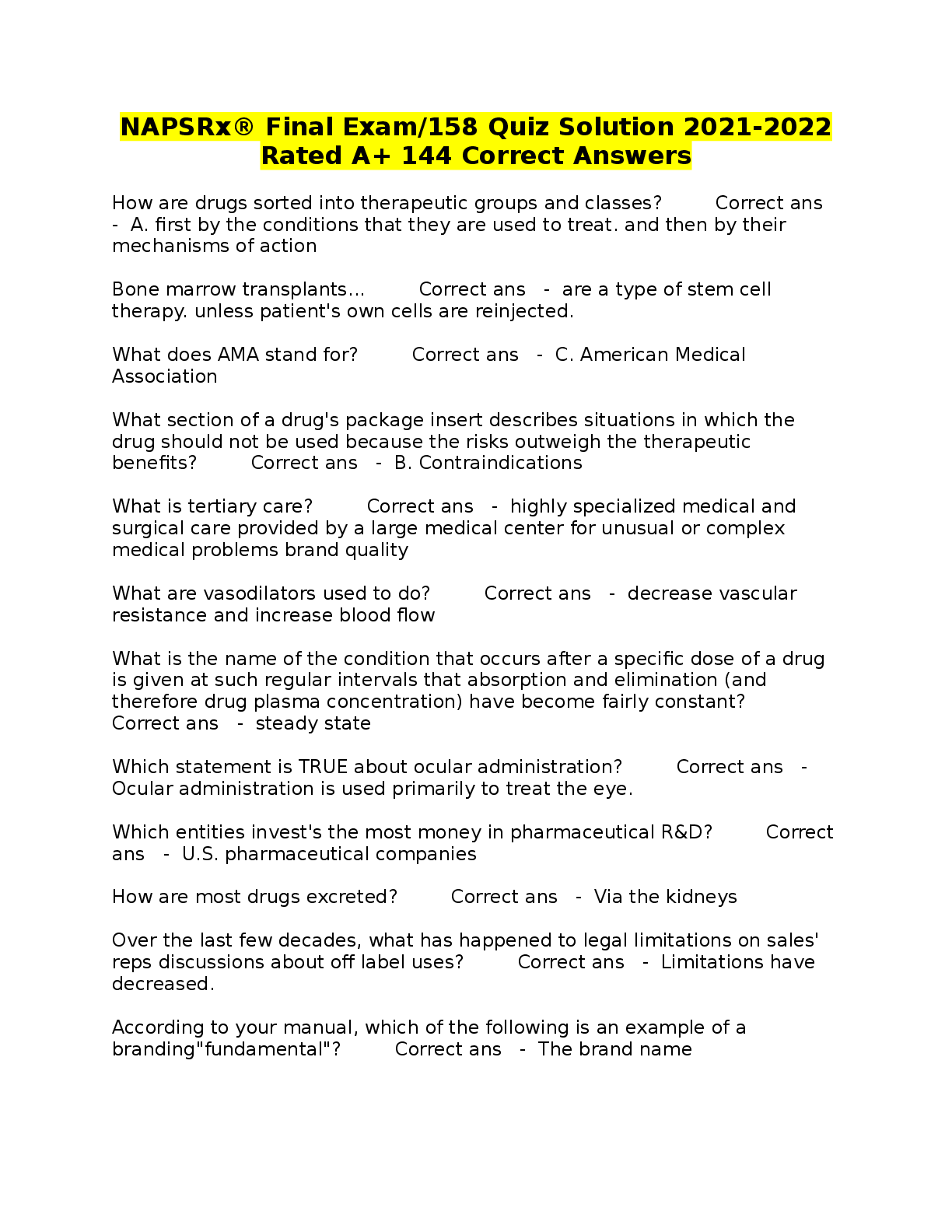 Preview of NAPSRx® Final Exam/158 Quiz Solution 2021-2022  Rated A+ 144 Correct Answers