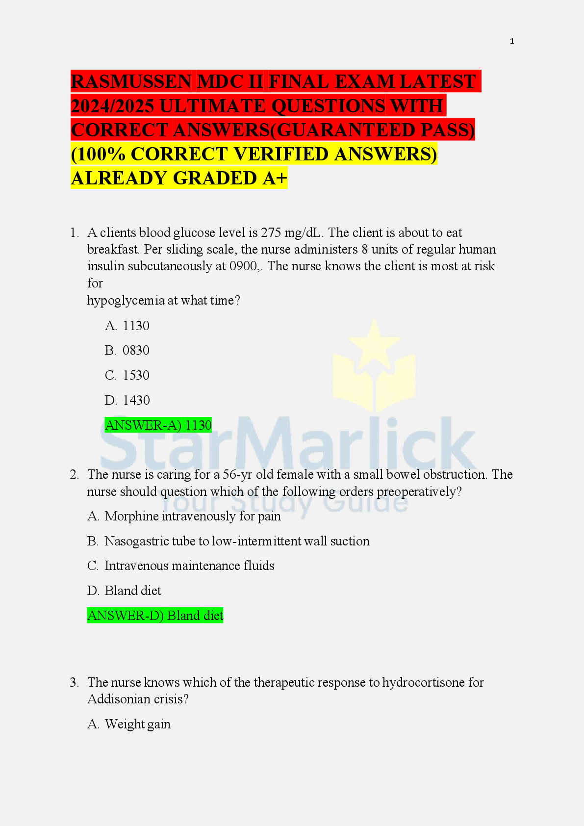 Preview image for RASMUSSENMDCIIFINALEXAMLATEST  2024/2025 ULTIMATE QUESTIONSWITH  CORRECTANSWERS(GUARANTEEDPASS)  (100%CORRECTVERIFIEDANSWERS)  ALREADYGRADEDA+