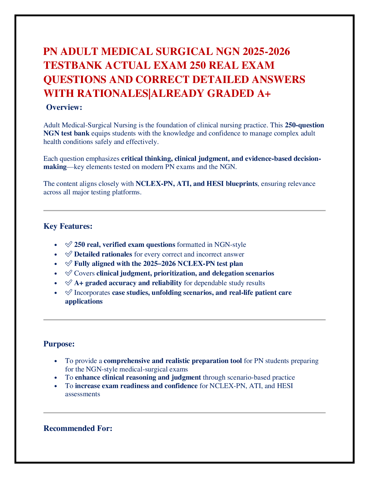 Recommended document preview for PN ADULT MEDICAL SURGICAL NGN 2025-2026 TESTBANK ACTUAL EXAM 250 REAL EXAM QUESTIONS AND CORRECT DETAILED ANSWERS WITH RATIONALES|ALREADY GRADED A+