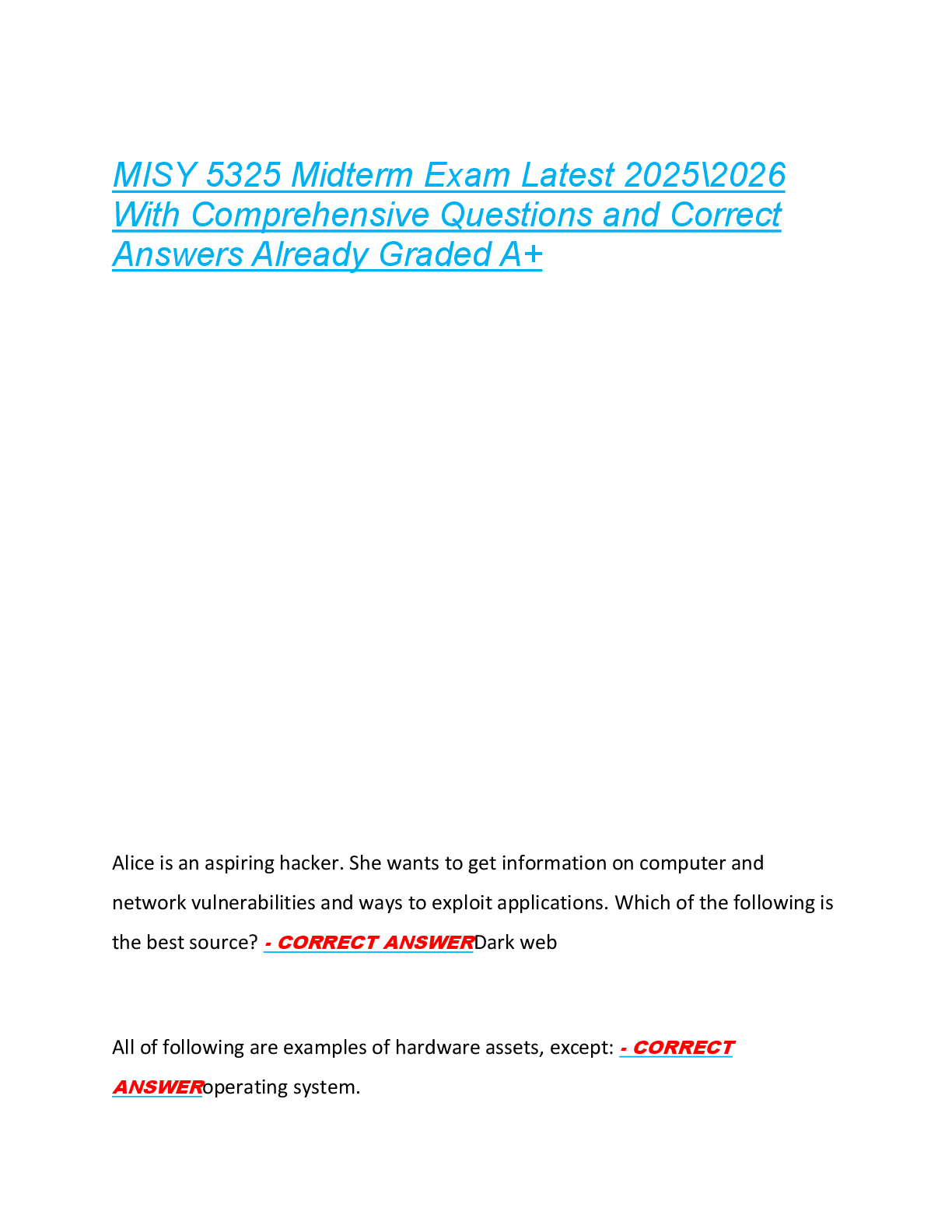 MISY 5325 Midterm Exam Latest 2025\2026  With Comprehensive Questions and Correct  Answers Already Graded A+