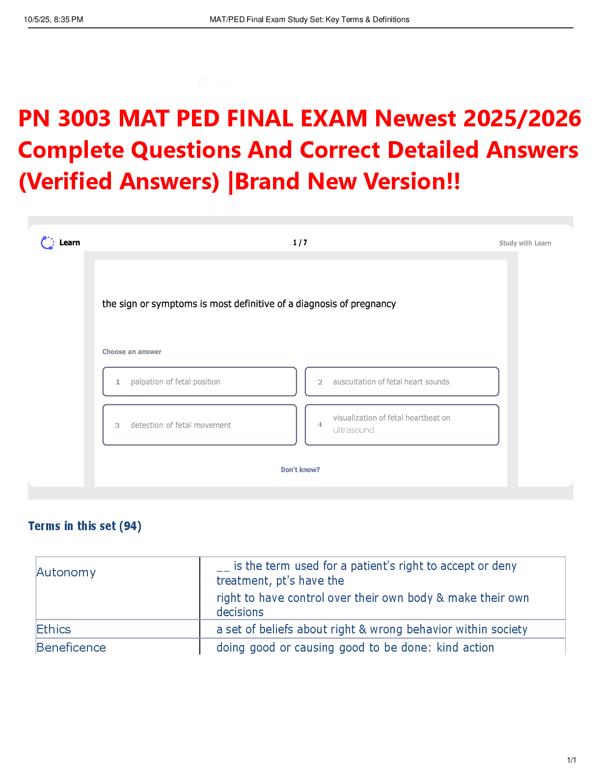 Preview image for PN 3003 MAT PED FINAL EXAM Newest 2025/2026  Complete Questions And Correct Detailed Answers  (Verified Answers) |Brand New Version!!