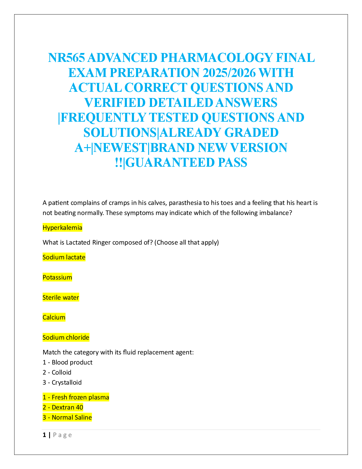 NR565 ADVANCED PHARMACOLOGY FINAL  EXAM PREPARATION  