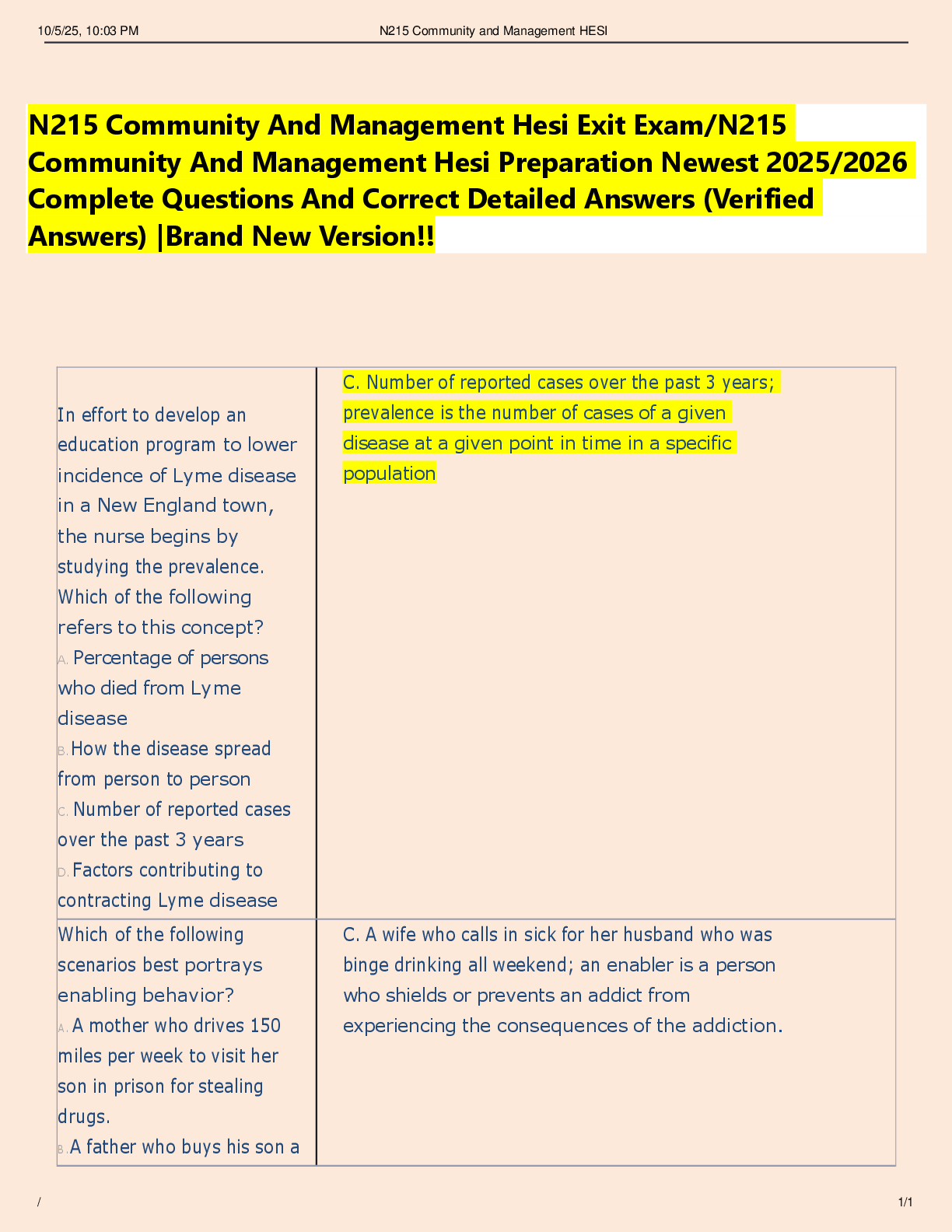 Preview image for N215 Community And Management Hesi Exit Exam/N215  Community And Management Hesi Preparation Newest 2025/2026  Complete Questions And Correct Detailed Answers (Verified  Answers) |Brand New Version!!