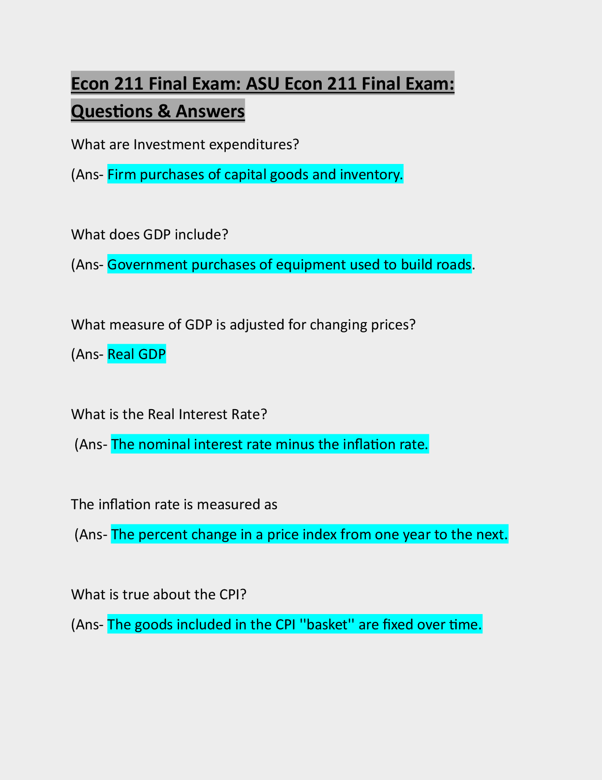 Preview image for Econ 211 Final Exam: ASU Econ 211 Final Exam: Questions & Answers